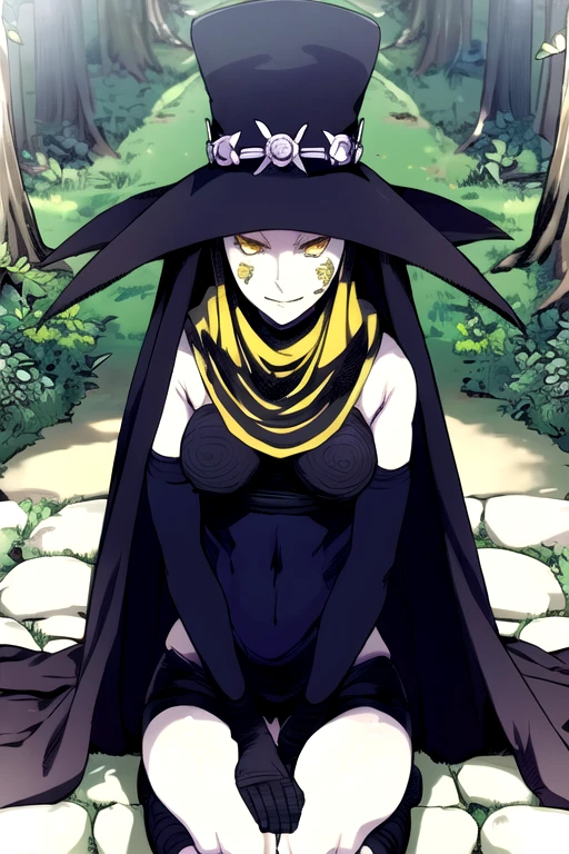 Scathach, girl1, solo, hat cape, smile, yellow eyes, white skin, cape, shin megami tensei, gloves, black shirt, black socks, sitting, forest (masterpiece, best quality:1.2)