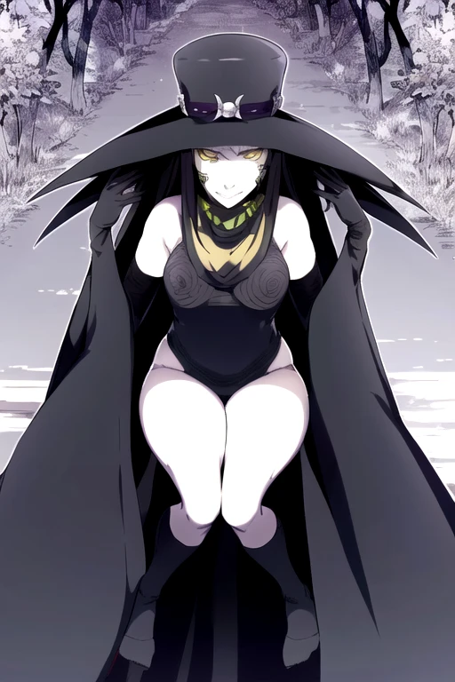 Scathach, girl1, solo, hat cape, smile, yellow eyes, white skin, cape, shin megami tensei, gloves, black shirt, black socks, sitting, forest (masterpiece, best quality:1.2)