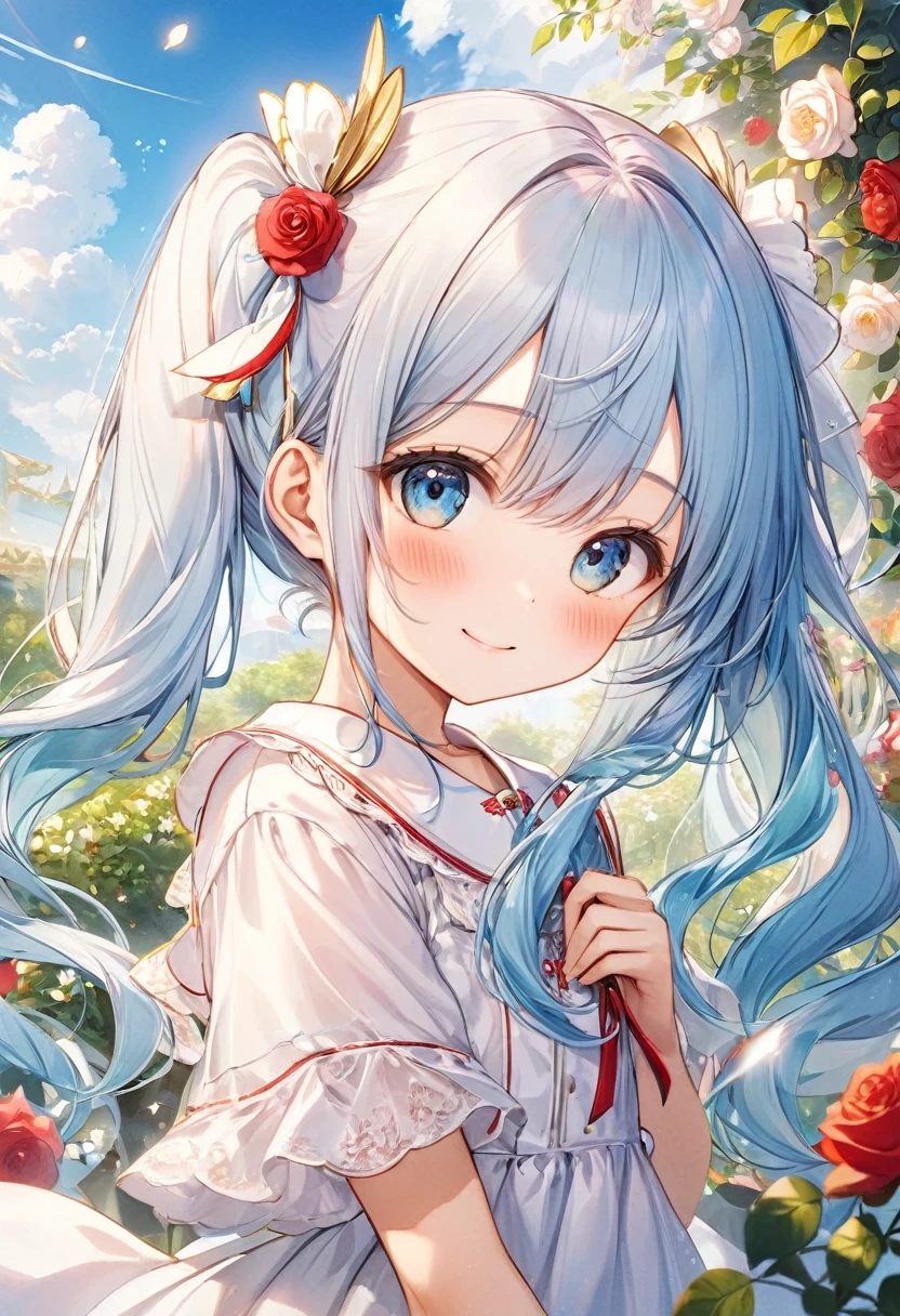 masterpiece, best quality, extremely detailed, (illustration, official art:1.1), 1 girl ,(((( light blue long hair)))), ,(((( light blue long hair)))),light blue hair, ,10 years old, long hair ((blush)) , cute face, big eyes, masterpiece, best quality,(((((a very delicate and beautiful girl))))),Amazing,beautiful detailed eyes,blunt bangs((((little delicate girl)))),tareme(true beautiful:1.2), sense of depth,dynamic angle,,,Candle, affectionate smile, (true beautiful:1.2),(flat chest)) 、(ultra-detailed, master piece, best quality, high resolution, skin indentation, super fine illustration, intricate composition:1.2),beautiful detailed eyes, (photo realistic:0.5), ulutra detailed background, 1girl, solo, twintails, feel the wind, (hair fluttering in the wind:1.2), out door, upper body, profile,short-sleeved shirt, rose garden,
