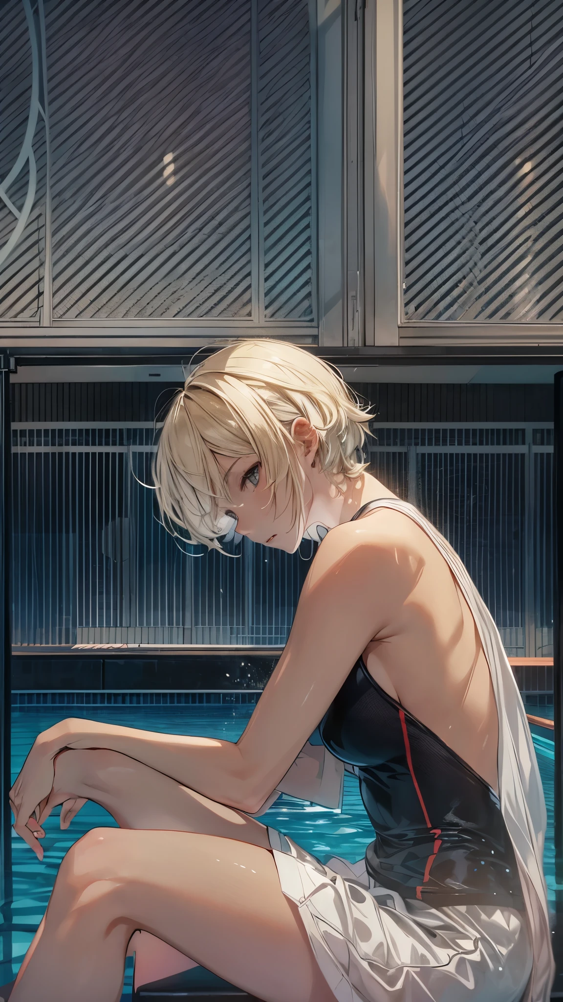 Inside the backroom’s world,Inside the closed pool rooms,outside the dark world,luminal space,one 20years old woman,blonde short hair,sitting on the pool side,