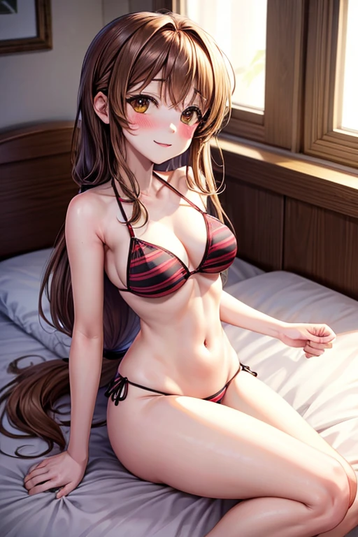 bikini,sitting_on_bed,bedroom,cute face,uzuki shimamura,long hair,brown hair,mediam  breasts,slender waist,mediam ass,