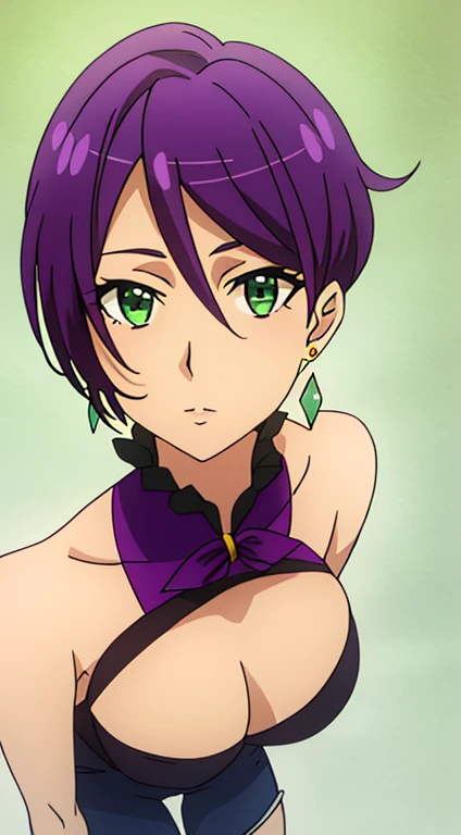 masterpiece, highest quality, High resolution,1 girl, alone, short_hair, green_eye, hair_between_eye, jewelry, purple_hair, earrings, stylish pose,looking at the viewer,in the center of the image,  (beautiful_medium breasts:1.3), (beautiful_face:1.2),(slim_waist),(beautiful_thighs:1.1),