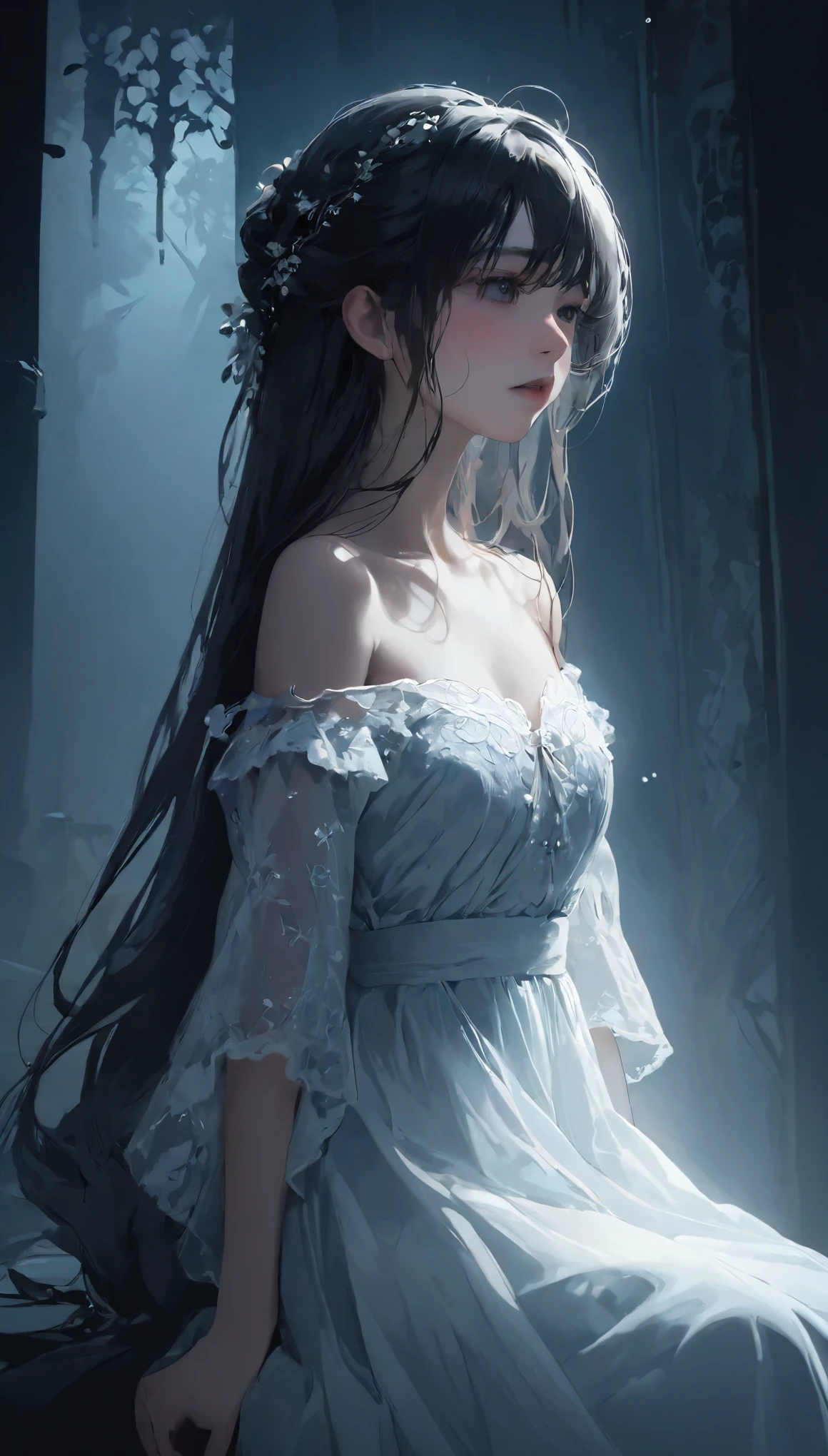 (highest quality, Tabletop:1.2, 超A high resolution, Realistic:1.5), RAW Photos, One Girl, White off-the-shoulder dress, In the Dark, Deep Shadow, Low light, Cool Tones, Captivating Gaze, Long Hair, Foggy atmosphere, Mysterious atmosphere, Subtle highlights, Dramatic contrast, Graceful pose, Intense emotions, Heavenly beauty, enchanting darkness, Captivating Expressions