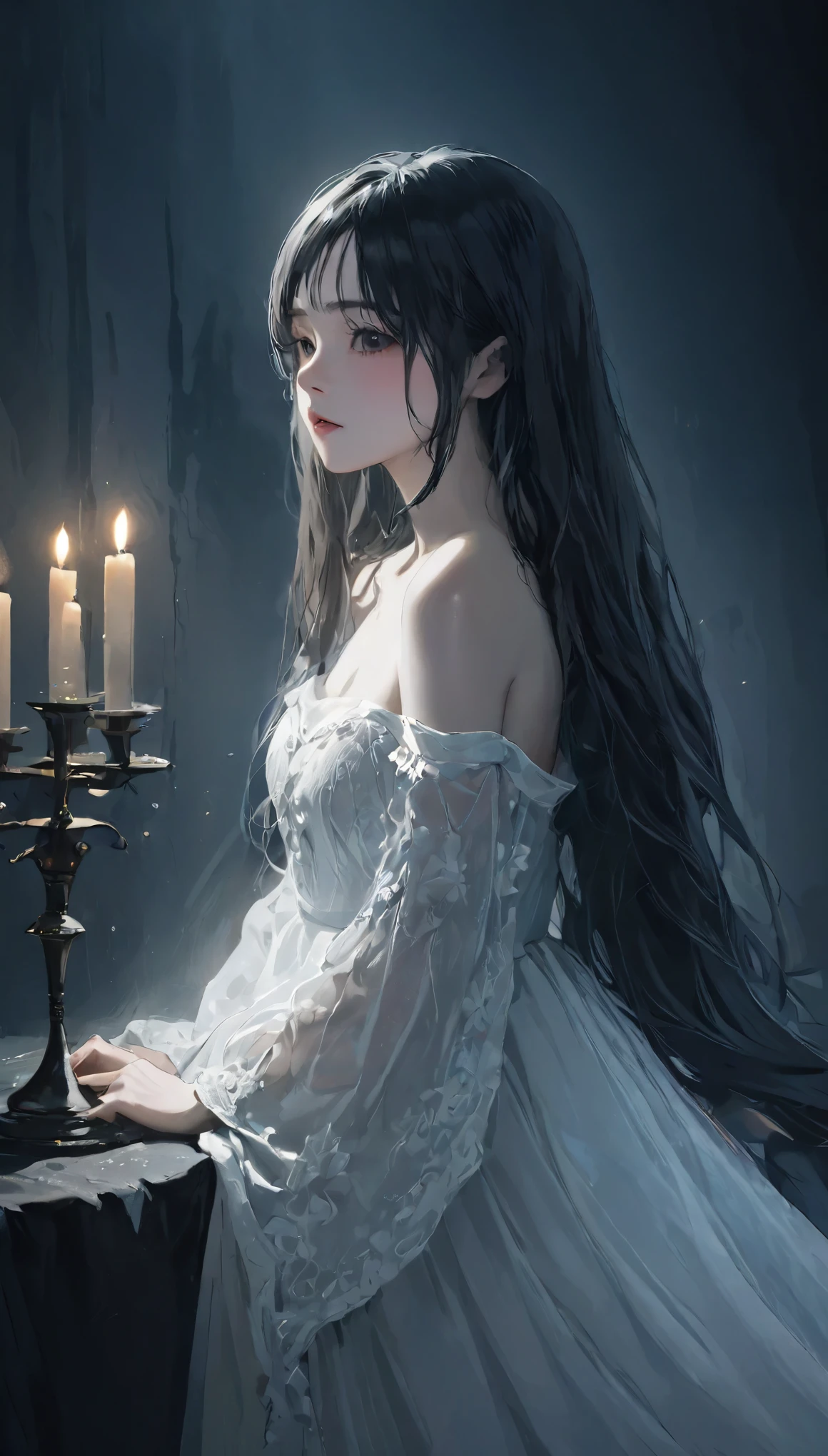 (highest quality, Tabletop:1.2, 超A high resolution, Realistic:1.5), RAW Photos, One Girl, White off-the-shoulder dress, In the Dark, Deep Shadow, Low light, Cool Tones, Captivating Gaze, Long Hair, Foggy atmosphere, Mysterious atmosphere, Subtle highlights, Dramatic contrast, Graceful pose, Intense emotions, Heavenly beauty, enchanting darkness, Captivating Expressions