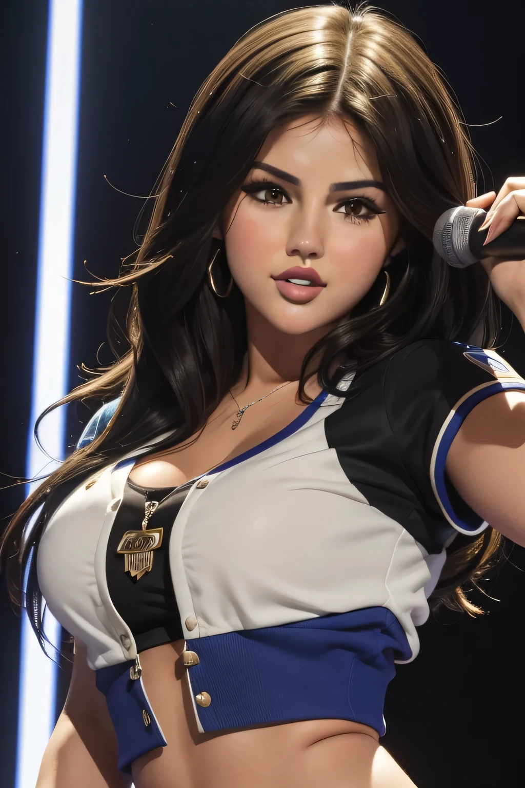 Lucy Pinder, face retrato, retrato, sonriente, (Selena Gomez), ((maquillaje muy intenso)), voluptuoso, escote, cord, ((cantando)), pelo negro, cabello corto, blusa blanca, chaqueta azul, falda a cuadros negra, Hilary Duff