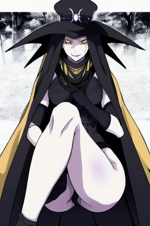 Scathach, girl1, solo, hat cape, smile, yellow eyes, white skin, cape, shin megami tensei, gloves, black shirt, black socks, sitting ,forest(masterpiece, best quality:1.2)