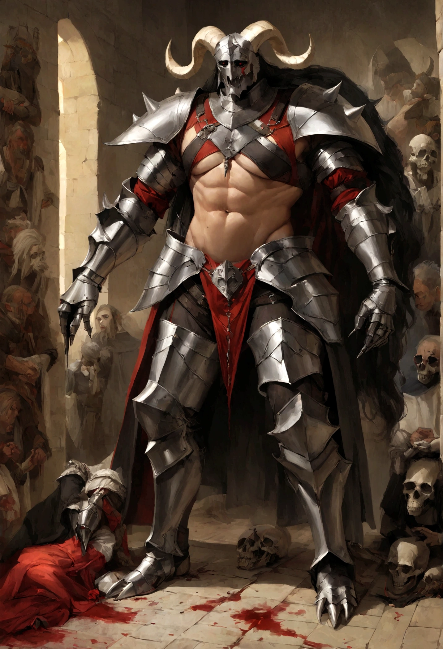 a demon man with goat legs and large horns, parte superior do corpo forte e forte, demon peles, peles, ((garras, asas)), demonic armor, respingos de sangue, Skulls on the floor, standing in a blood ritual, medieval, sala escura, luz difusa, Obra de arte, realista, oil painting, near the red bra, lindo homem