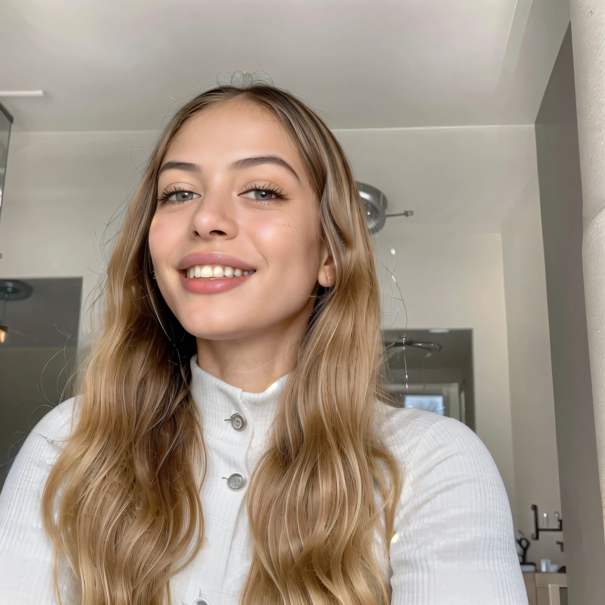 (8k, highest quality, ultra high resolution, photorealistic:1.4, UHD, ultra detailed:1.37, mid-range image),1girl, in a dentist clinic, white teethes, small nose, big eyes, 18yo, black jacket, light brown eyes, small head, acne,bad skin,small nose, acne skin, real, thick hair, super realistic detailed eyes, super realistic detailed teethes, Arab women, modest, attractive smile, white teeth, showcases her unique fashion sense in a trendy setting. The high-resolution image captures ultra-detailed realism, highlighting confident pose, captivating eyes, big eyes, and flawless complexion.