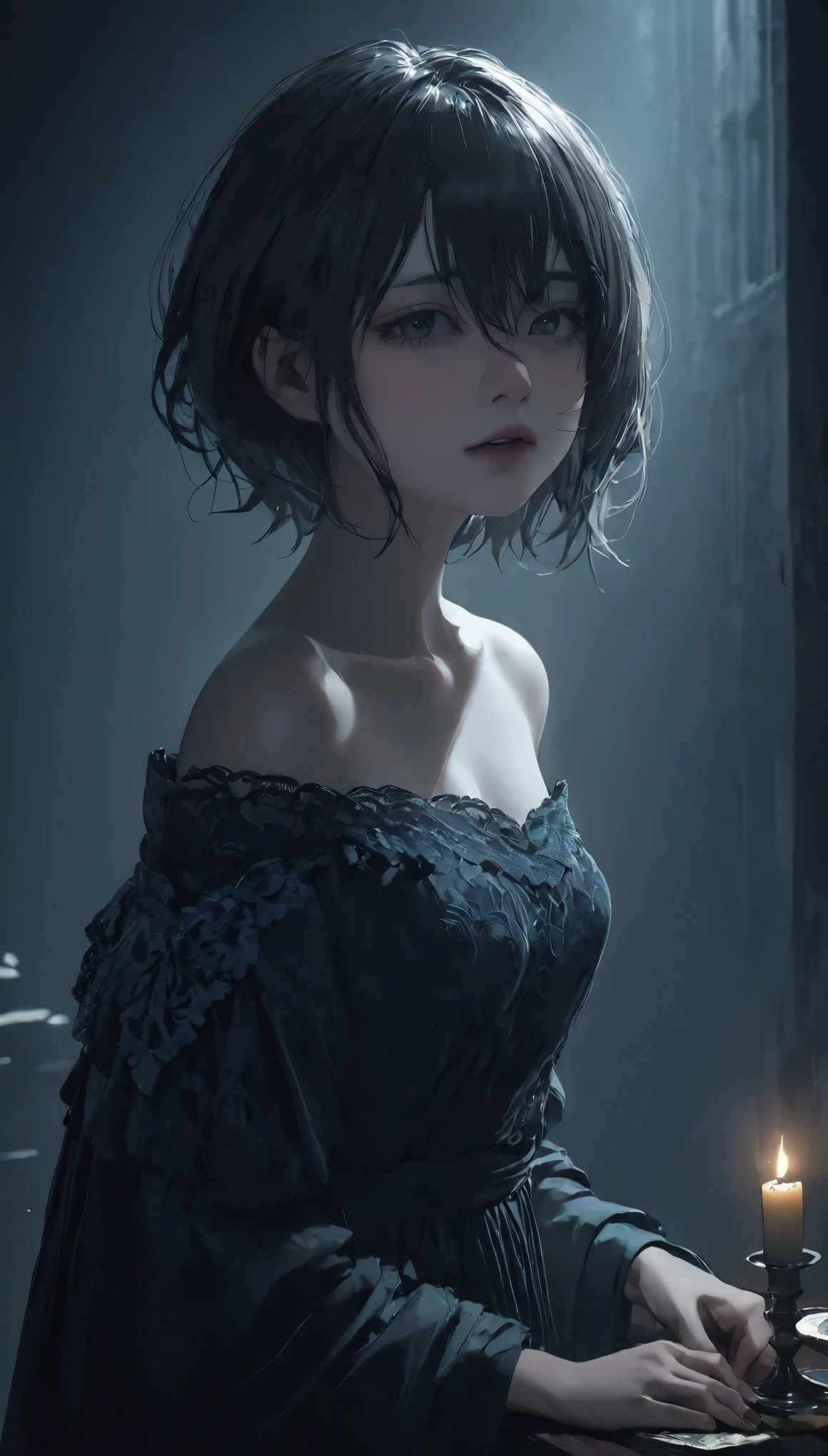 (highest quality, Tabletop:1.2, 超A high resolution, Realistic:1.5), RAW Photos, One Girl, Off the shoulder, In the Dark, Deep Shadow, Low light, Cool Tones, Captivating Gaze, short hair, Foggy atmosphere, Mysterious atmosphere, Subtle highlights, Dramatic contrast, Graceful pose, Intense emotions, Heavenly beauty, enchanting darkness, Captivating Expressions