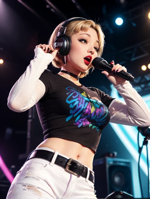 The face of Ariana grande, blonde hair,earrings ,lipstick, eye shadow, makeup, 1girl, solo, black t-shirt, white shirt, blue jeans, belt, lipstick, large breasts, layered sleeves, sexy pose, holding a microphone, singing, stage background, headphones