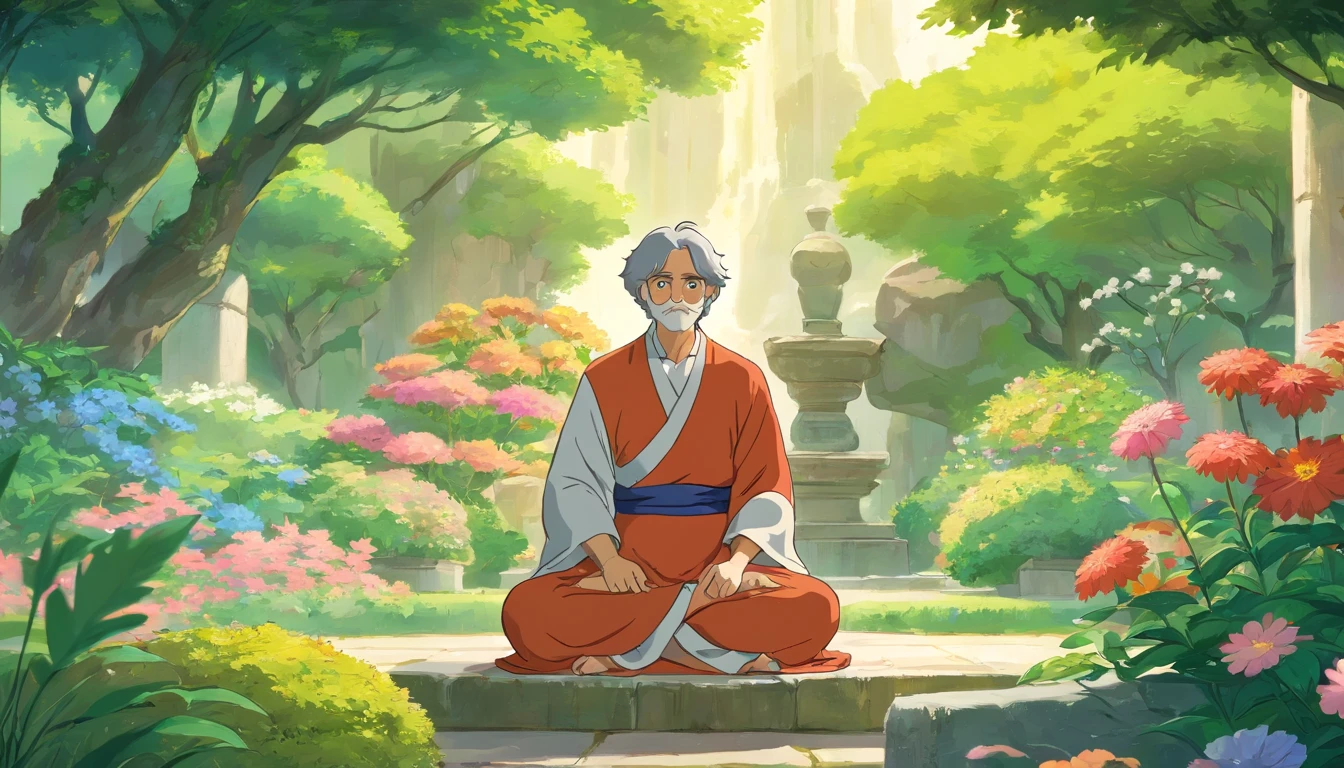 Description: a Stoic philosopher, as Seneca, sitting in meditation position in a serene garden, rodeado de plantas e flores, with a calm, contemplative expression on his face.