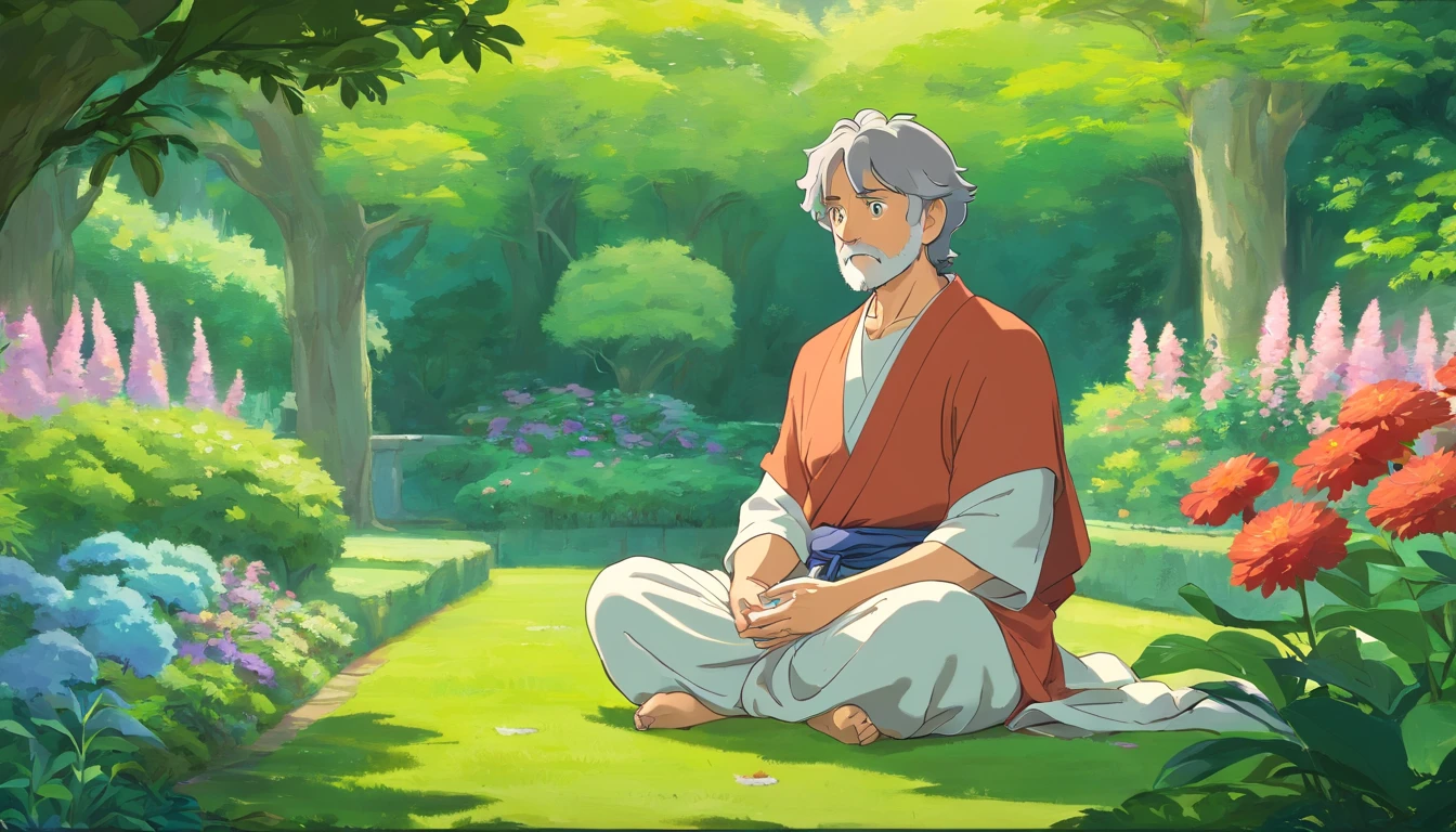 Description: a Stoic philosopher, as Seneca, sitting in meditation position in a serene garden, rodeado de plantas e flores, with a calm, contemplative expression on his face.