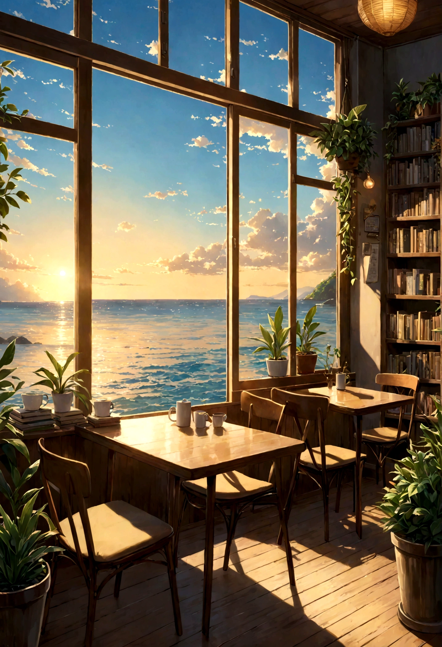 ((only background)), ((photo realistic:1.4,illustration)),(masterpiece, top quality, best quality),(ultra-detailed, absolutely resolution),((16k, high res)).(reflect), (produces images with information than 40 million pixels with cinematic-like detailed textures shot on a Sony SLR).

BREAK {cozy lofi café facing the sea, viewed from the ocean side. The café should have a warm, inviting atmosphere with dim lighting, wooden furniture, and vintage decorations. Comfortable seating areas with cushions, plants in pots, and shelves filled with books and records should be visible. Surround the café with lush greenery. The sea in front should be crystal clear, shallow, and calm, with smooth, rounded stones visible beneath the water. Large windows in the café should offer a stunning view of the transparent ocean, with the sun setting on the horizon, casting a golden glow over the scene. The overall vibe should be relaxed and calming, perfect for studying or unwinding.}

BREAK {(((cinematic look))), soothing tones, insane details, intricate details, hyperdetailed, low contrast, exposure blend, hdr, beautiful blue image, (hi-contrast), Sony SLR.}


