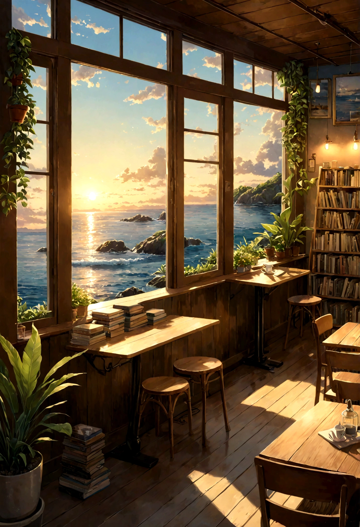 ((only background)), ((photo realistic:1.4,illustration)),(masterpiece, top quality, best quality),(ultra-detailed, absolutely resolution),((16k, high res)).(reflect), (produces images with information than 40 million pixels with cinematic-like detailed textures shot on a Sony SLR).
BREAK {cozy lofi café facing the sea, viewed from the ocean side. The café should have a warm, inviting atmosphere with dim lighting, wooden furniture, and vintage decorations. Comfortable seating areas with cushions, plants in pots, and shelves filled with books and records should be visible. Surround the café with lush greenery. The sea in front should be crystal clear, shallow, and calm, with smooth, rounded stones visible beneath the water. Large windows in the café should offer a stunning view of the transparent ocean, with the sun setting on the horizon, casting a golden glow over the scene. The overall vibe should be relaxed and calming, perfect for studying or unwinding.}
BREAK {(((cinematic look))), soothing tones, insane details, intricate details, hyperdetailed, low contrast, exposure blend, hdr, beautiful blue image, (hi-contrast), Sony SLR.}