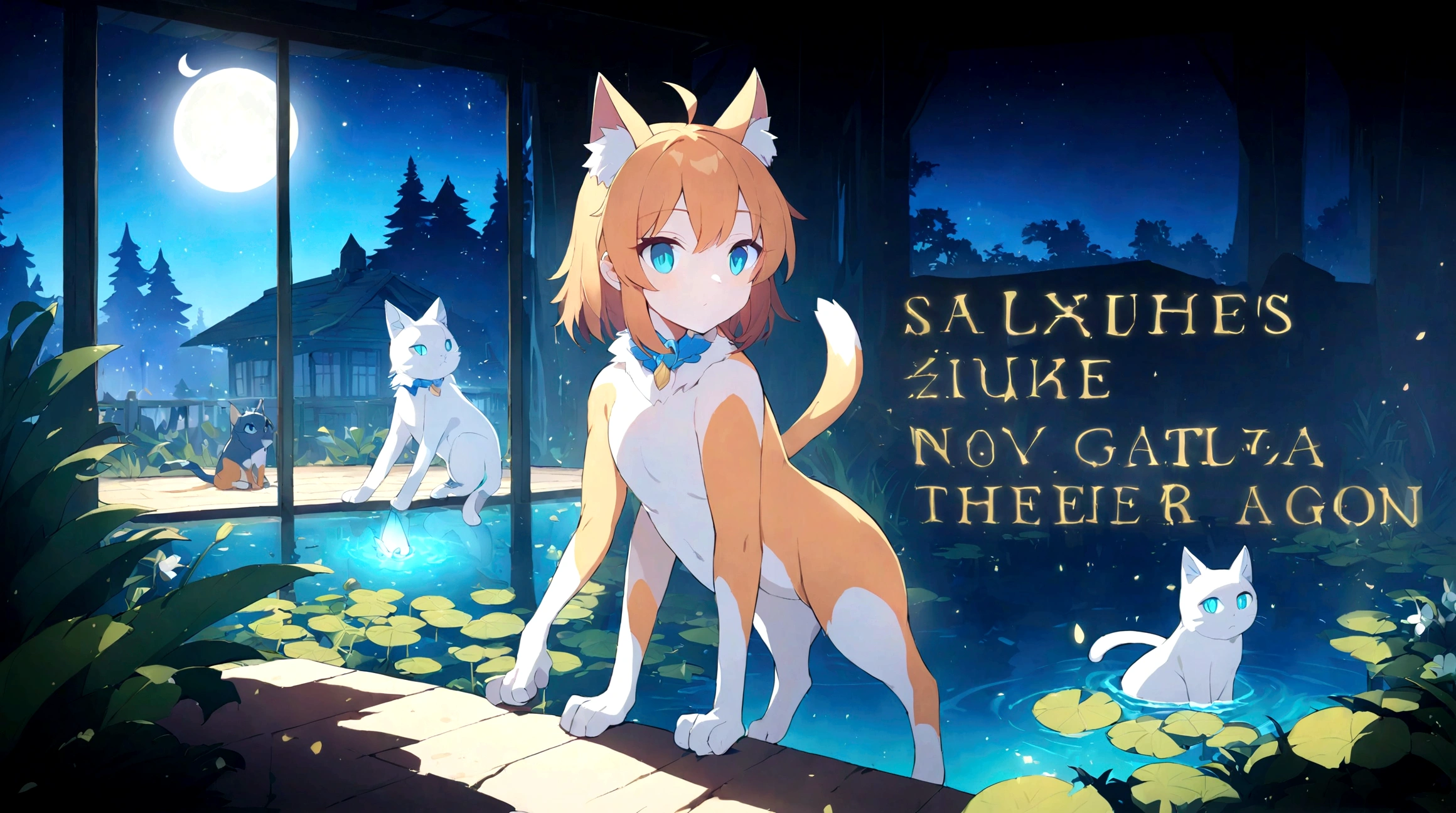 A whirlwind of magical golden breeze surrounds a small lagoon illuminated with water lilies, located in the patio of a house under the light of the moon. On the edge of the lagoon, there is a male cat with golden fur, with a transparent ghostly appearance and greenish-yellow eyes. The style is 2D anime fantasy with a glow effect.