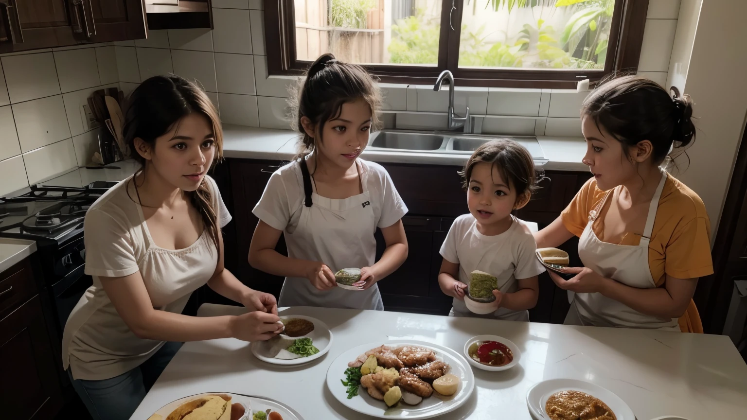 cria uma imagem de um familia em uma cozinha