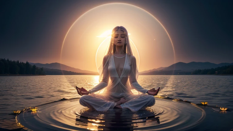 "A 'being of Light,' in human-like form, transparent, translucent, ethereal, hovering, meditating in a lotus position, floating over a lake at sunset."