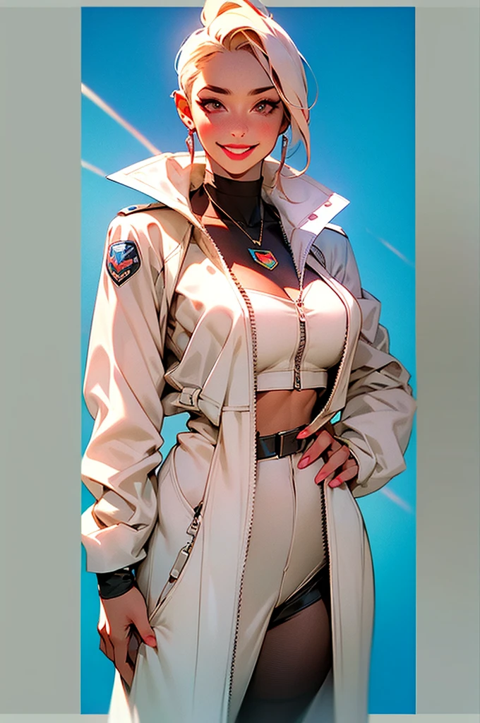 masterpiece,(masterpiece, top quality, best quality),supergirl solo, platinum blonde hair, belt, hand on hip, holding, large breasts, unzipped white bodysuit (supergirl insignia on chest), choker, supergirl insignia on sleeve , inzippef white jumpsuit, simple background, looking at viewer, smile, bodysuit, medium short hair, cowboy shot, bangs, standing, lips, closed mouth, brown eyes, medium hair, center opening,