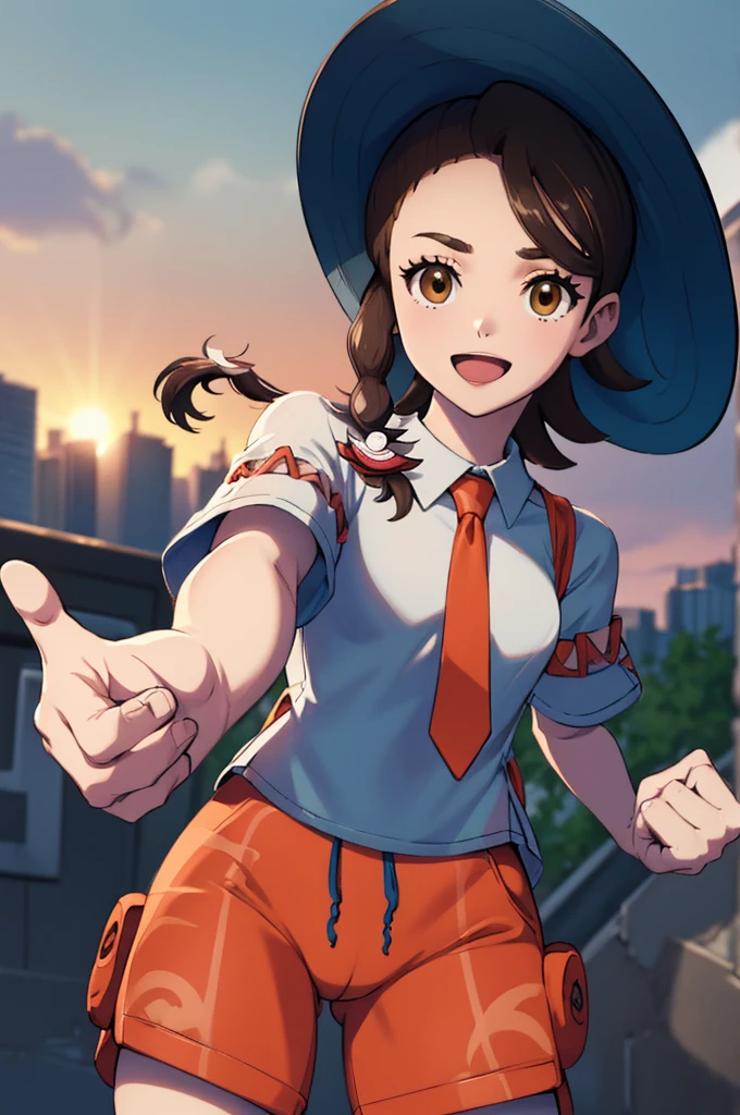 masterpiece, best quality,   pokemonjuliana, single braid, hat, white shirt, orange necktie, short sleeves, big butt, orange shorts, furrowed brow, :D, pointing, standing, cowboy shot, sky, cityscape