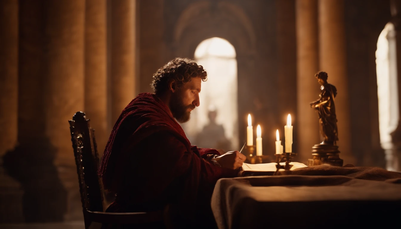 Description: Roman emperor Marcus Aurelius in a classical setting, sentado em uma mesa de madeira antiga, writing reflections on parchment by candlelight.