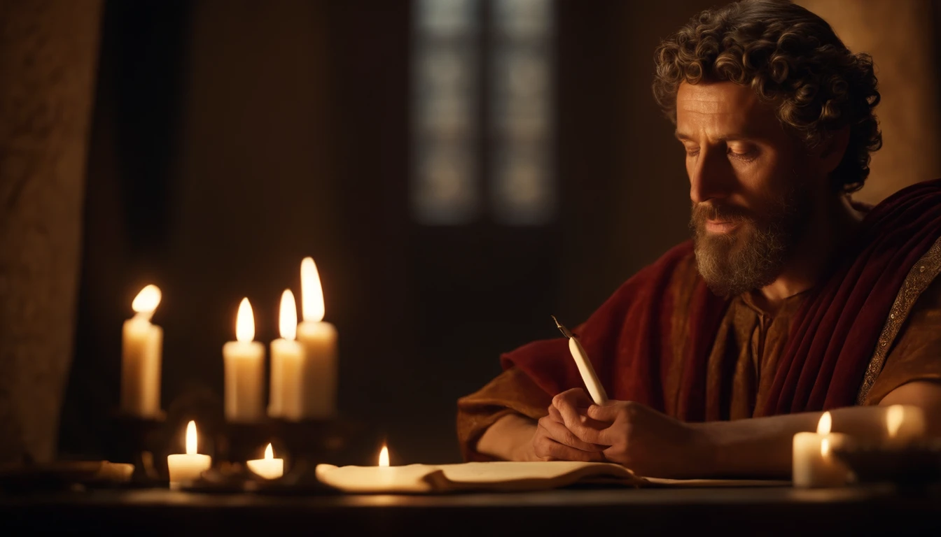Description: Roman emperor Marcus Aurelius in a classical setting, sentado em uma mesa de madeira antiga, writing reflections on parchment by candlelight.
