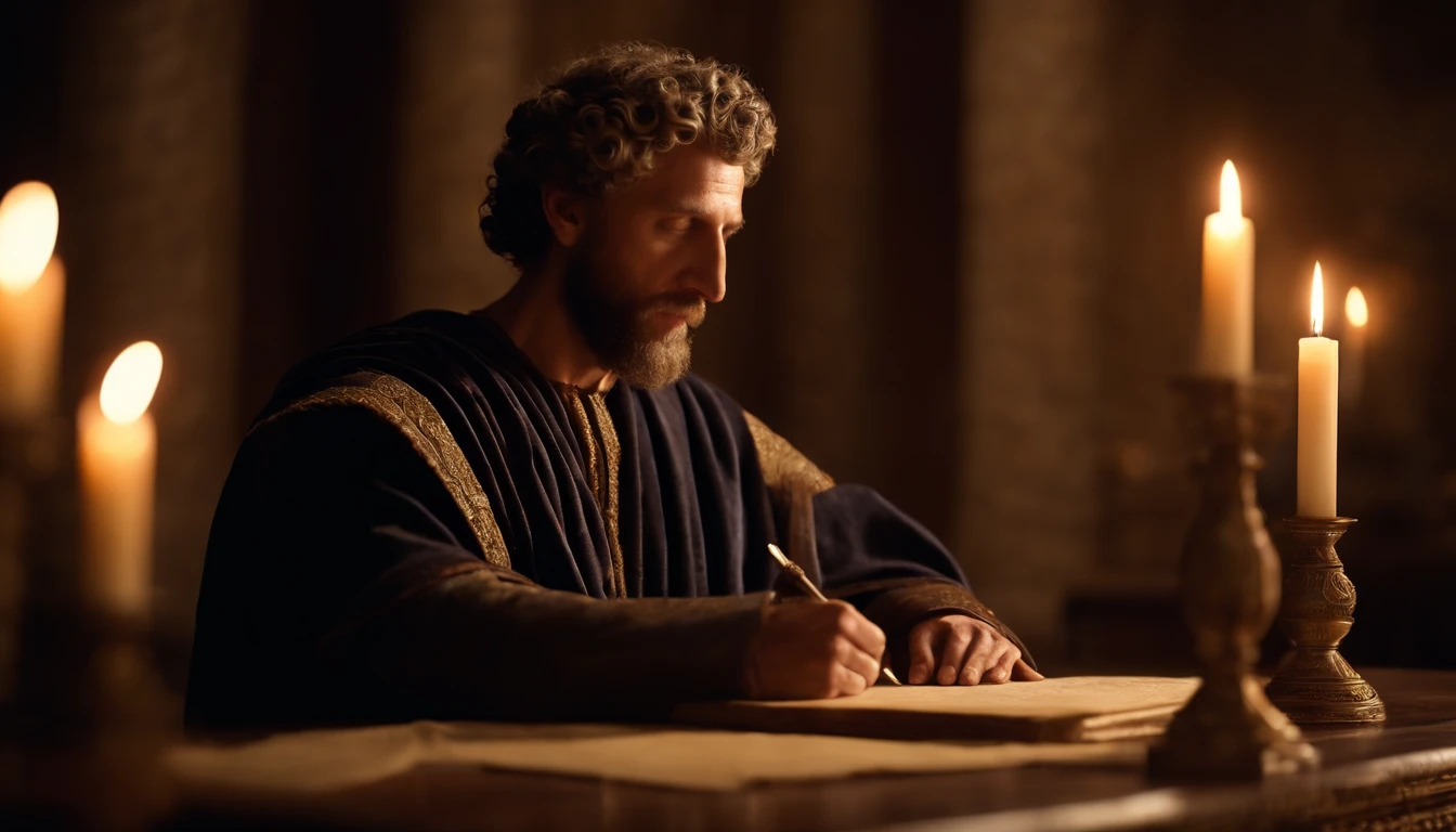 Description: Roman emperor Marcus Aurelius in a classical setting, sentado em uma mesa de madeira antiga, writing reflections on parchment by candlelight.
