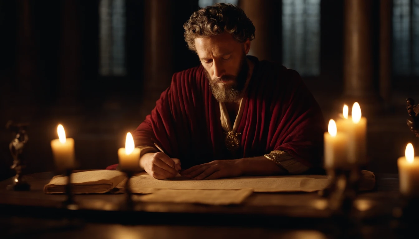 Description: Roman emperor Marcus Aurelius in a classical setting, sentado em uma mesa de madeira antiga, writing reflections on parchment by candlelight.