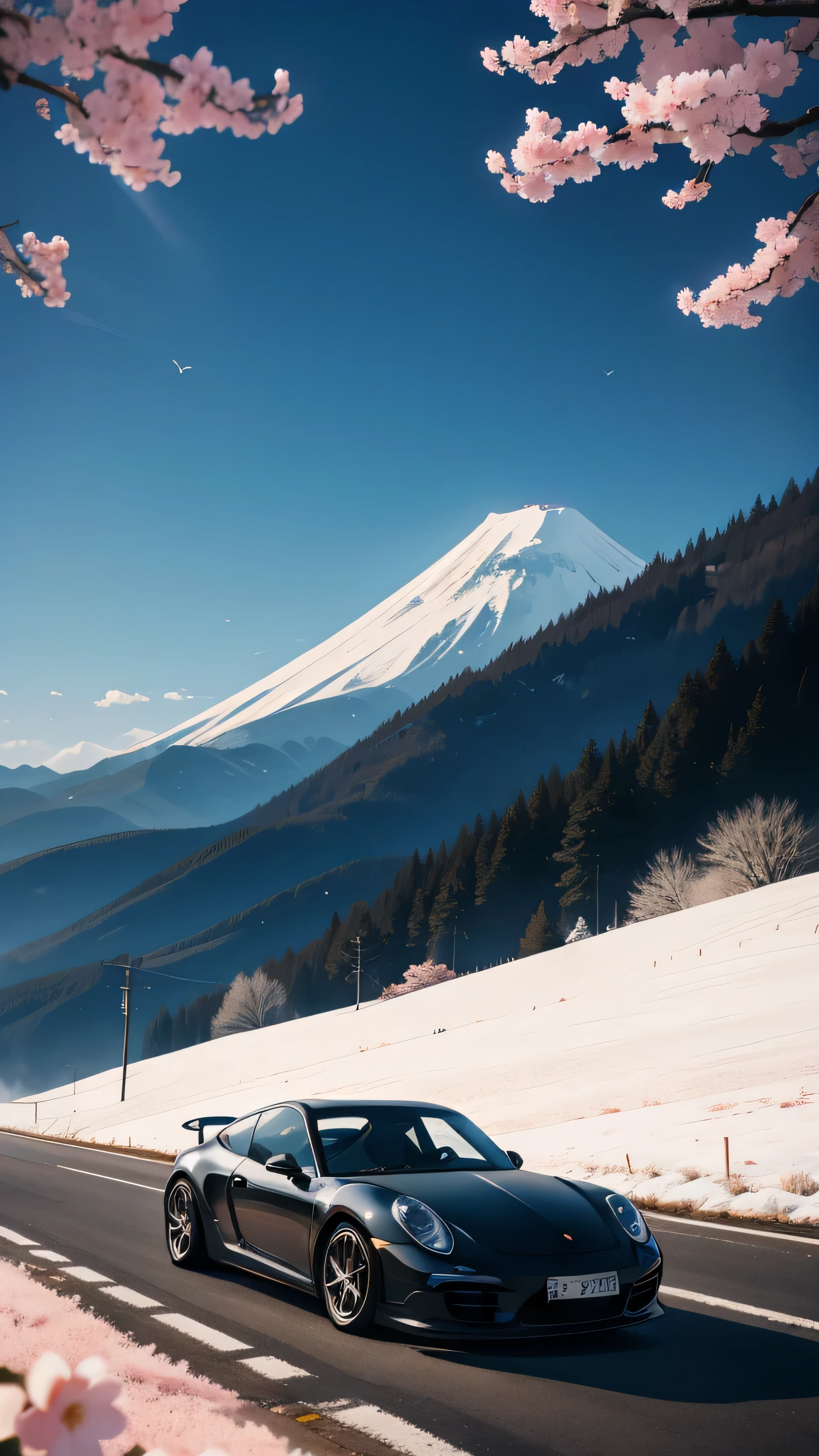 abstract digital art piece featuring a minimalist design that depicts a black porsche on a serene mountainside, cherry blossoms, japan, 2d, illustrative, epic