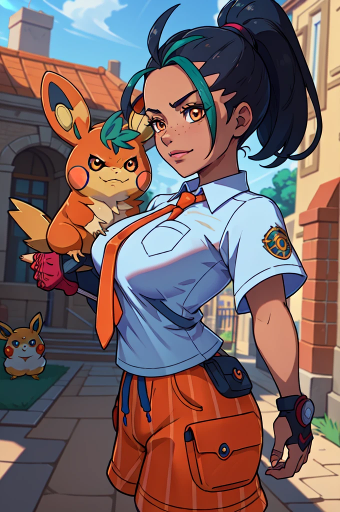 (masterpiece, best quality, absurdres, 4k, aesthetic, detailed, intricate, perfect lighting),outside,cinematic angle,1girl,smug, peace sign,nemona (pokemon), streaked hair, ponytail, orange necktie, orange shorts, single glove, ,