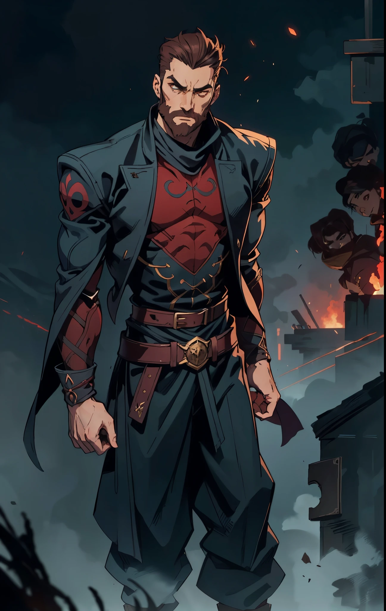 A 50-year-old man with slicked-back reddish-brown short hair, a large beard covering the lower half of his face, piercing eyes, handsome features, an open dark red fantasy martial arts-style robe coat, flowing short sleeves, a black and white undershirt, matching cloth trousers, a metal belt buckle, he exudes a dark red aura of death, strides down a desolate and silent moonlit street, this character embodies a finely crafted fantasy martial arts-style overlord in anime style, exquisite and mature manga art style, dramatic, high definition, best quality, highres, ultra-detailed, ultra-fine painting, extremely delicate, professional, perfect body proportions, golden ratio, anatomically correct, symmetrical face, extremely detailed eyes and face, high quality eyes, creativity, RAW photo, UHD, 32k, Natural light, cinematic lighting, masterpiece-anatomy-perfect, masterpiece:1.5