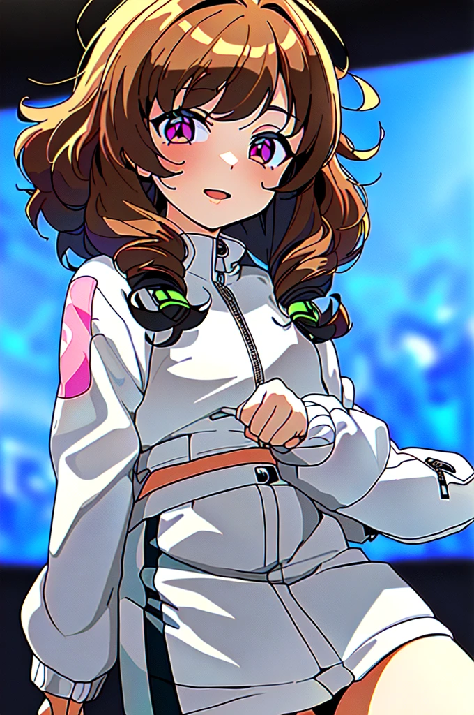 Boy, teenager, brunette, curly hair, white jacket with neon details, cartoon, anime