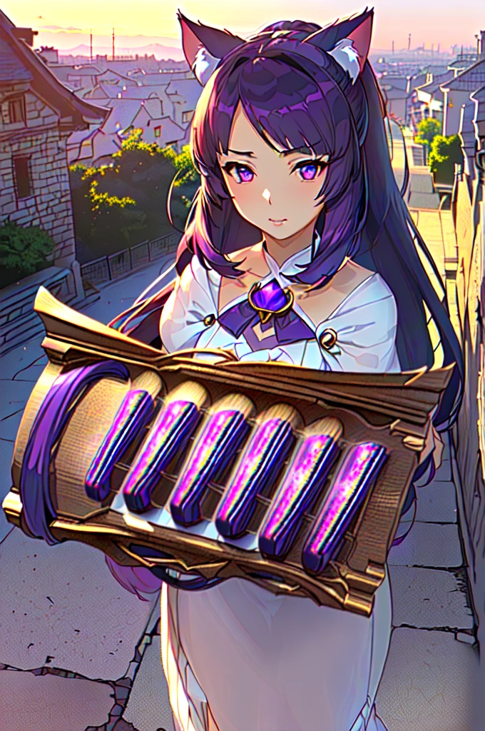anime girl, purple cat ears, long hair, beautiful clothes, guvez style, 4k clarity, cgstation pop, antique architecture, seductive girl, attractive, genshin keru, anime style, 8K, Beautiful anime woman, Girl Front.