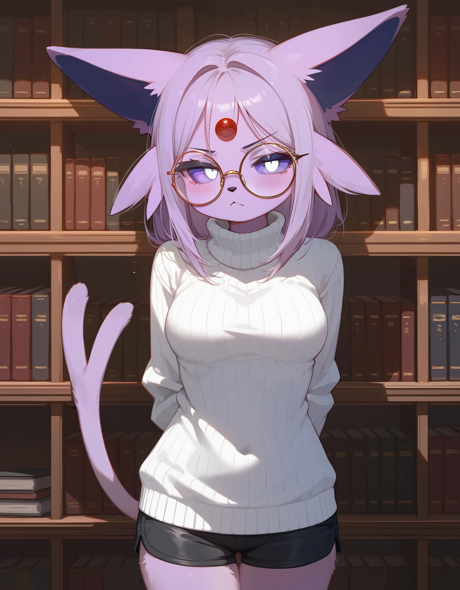 score_9,score_8_up,score_7_up, anthro furry female espeon Pokemon, espeon tail, purple sclera, white eyes, wearing white turtleneck sweater, black shorts, big round glasses, hands behind back, jitome, bored expression, serious expression, in a library, 