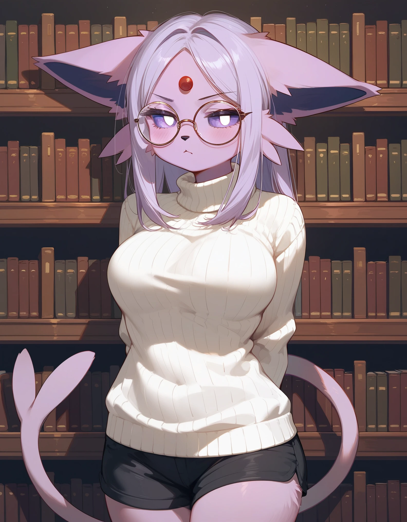 score_9,score_8_up,score_7_up, anthro furry female espeon Pokemon, espeon tail, purple sclera, white eyes, wearing white turtleneck sweater, black shorts, big round glasses, hands behind back, jitome, bored expression, serious expression, in a library,