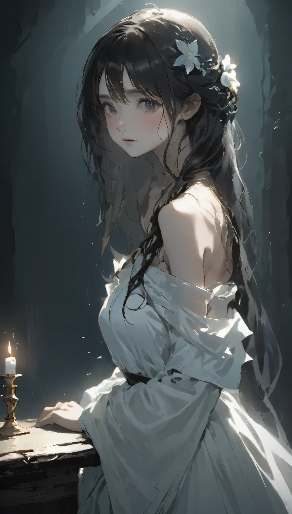 (highest quality, Tabletop:1.2, 超A high resolution, Realistic:1.5), RAW Photos, One Girl, White off-the-shoulder dress, In the Dark, Deep Shadow, Low light, Cool Tones, Captivating Gaze, Long Hair, Foggy atmosphere, Mysterious atmosphere, Subtle highlights, Dramatic contrast, Graceful pose, Intense emotions, Heavenly beauty, enchanting darkness, Captivating Expressions