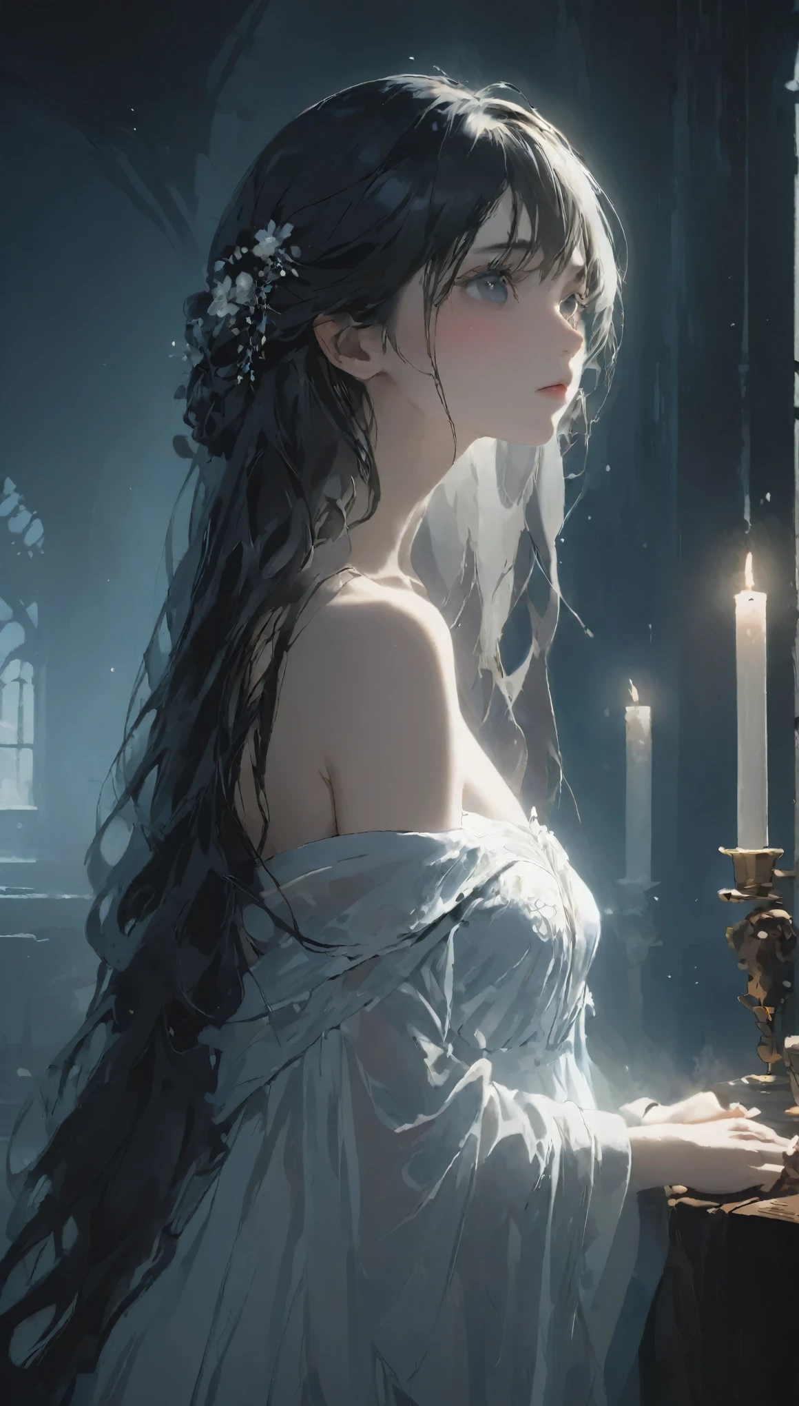 (highest quality, Tabletop:1.2, 超A high resolution, Realistic:1.5), RAW Photos, One Girl, White off-the-shoulder dress, In the Dark, Deep Shadow, Low light, Cool Tones, Captivating Gaze, Long Hair, Foggy atmosphere, Mysterious atmosphere, Subtle highlights, Dramatic contrast, Graceful pose, Intense emotions, Heavenly beauty, enchanting darkness, Captivating Expressions