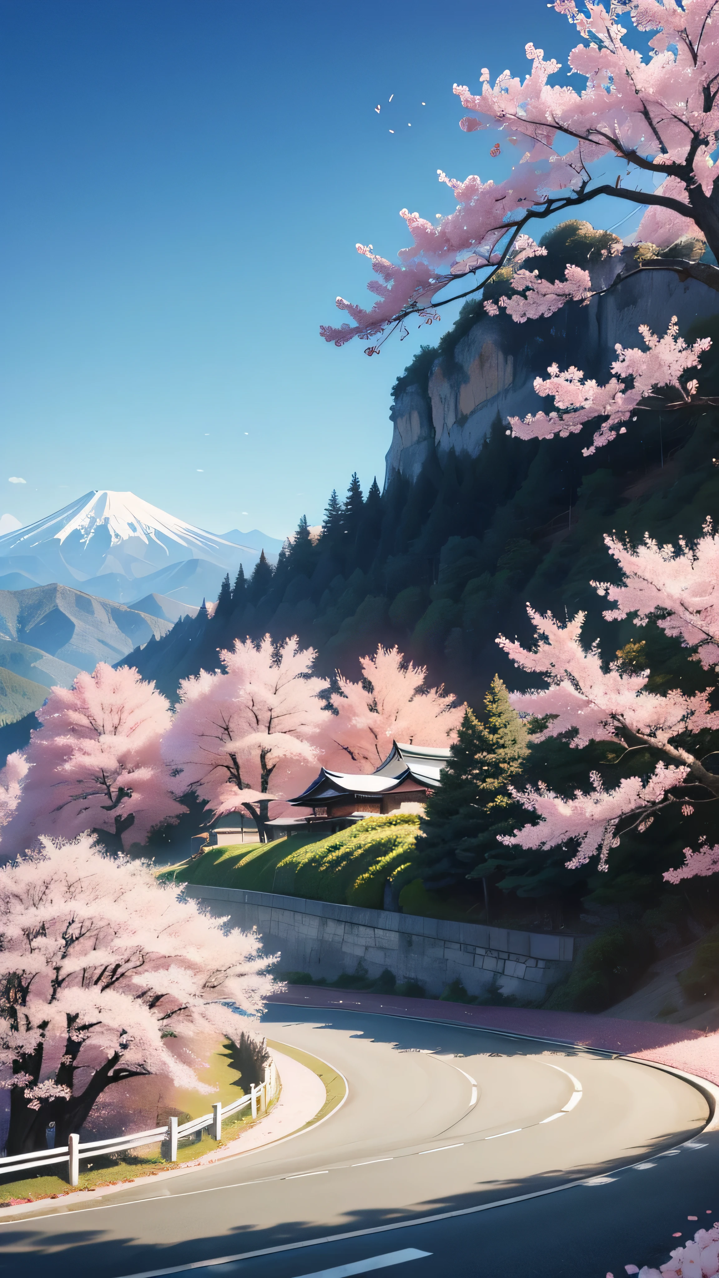 abstract digital art piece featuring a minimalist design that depicts a black bugatti mistral on a serene mountainside, cherry blossoms, japan, 2d, illustrative, epic
