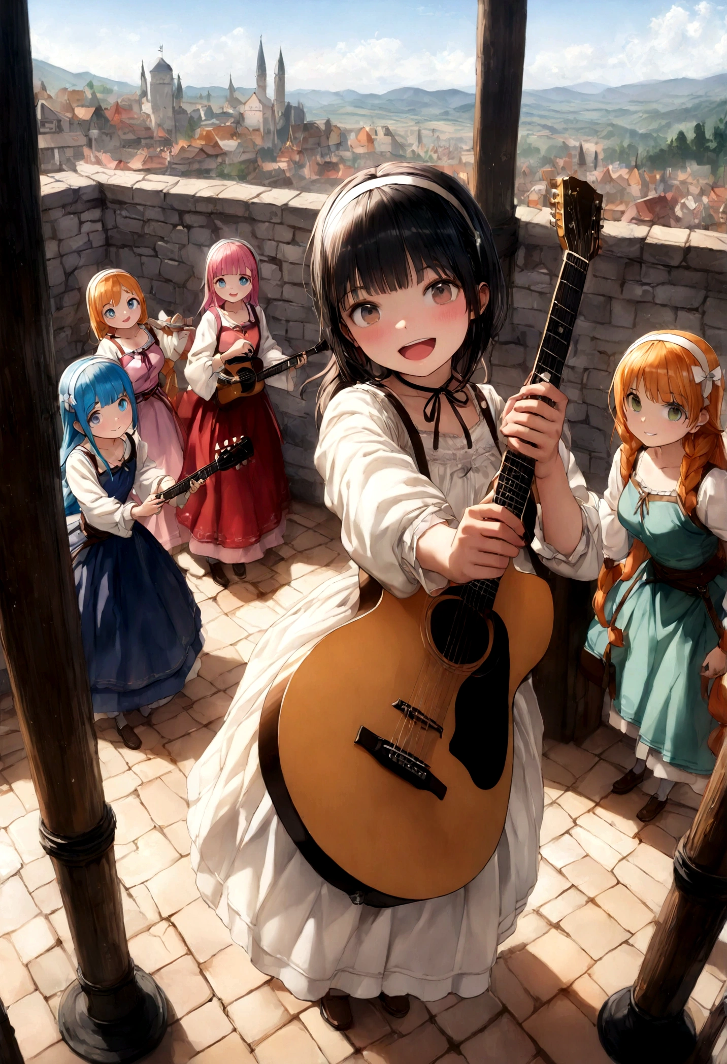 anime, chibe, (((Top quality, 4k, 8k, high resolution, masterpiece: 1.2))), (super detailed), (realistic), (photorealistic), (photorealistic: 1.37), (HDR, UHD), (studio (lighting)), ultra-fine drawing, sharp focus, physically based rendering, highly detailed, professional, vibrant colors, perfect ditaile hand, highly detailed realistic eyes, anime, cartoon, multiple girls, A lot of girls, 48 girls, Medieval European clothing, Medieval European citizen clothing, (((Girls playing guitar))), Many girls dancing on the stage, Countryside, Village Festival Stage, festival, carnival, festival decoration, smile, open mouth, brown hair, black hair, green hair, pink hair, blue hair, blond, orange hair, long hair, Medium long hair, short hair, Twin tail hairstyle, braid hairstyle, ribbon, hair ornaments, hairband, white hairband, brown eyes, blue eyes, red eyes, black eyes, green eyes, Yellow Eyes, Mini skirt,thighhighs, Long skirt, socks, looking at viewer, (((Long shot, Panorama, Aerial view, Distant view))),