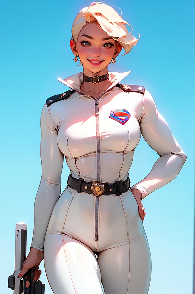 masterpiece,(masterpiece, top quality, best quality),supergirl solo, platinum blonde hair, belt, hand on hip, holding, large breasts, unzipped white bodysuit (supergirl insignia on chest), choker, supergirl insignia on sleeve , inzippef white jumpsuit, simple background, looking at viewer, smile, bodysuit, medium short hair, cowboy shot, bangs, standing, lips, closed mouth, brown eyes, medium hair, center opening,
