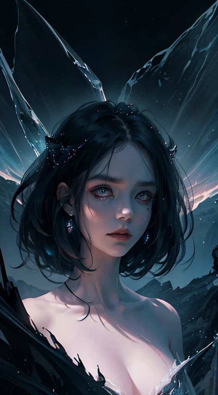Dreamscape dark and moody portrait of a demon emissary in the midst of a darkly lit volcanic crystal cave where she floats among the magma flows with her mesmerizing visage and her (diaphanous dress billowing:1.4) amongst the smoke filled air. . Surreal, ethereal, dreamy, mysterious, fantasy, highly detailed