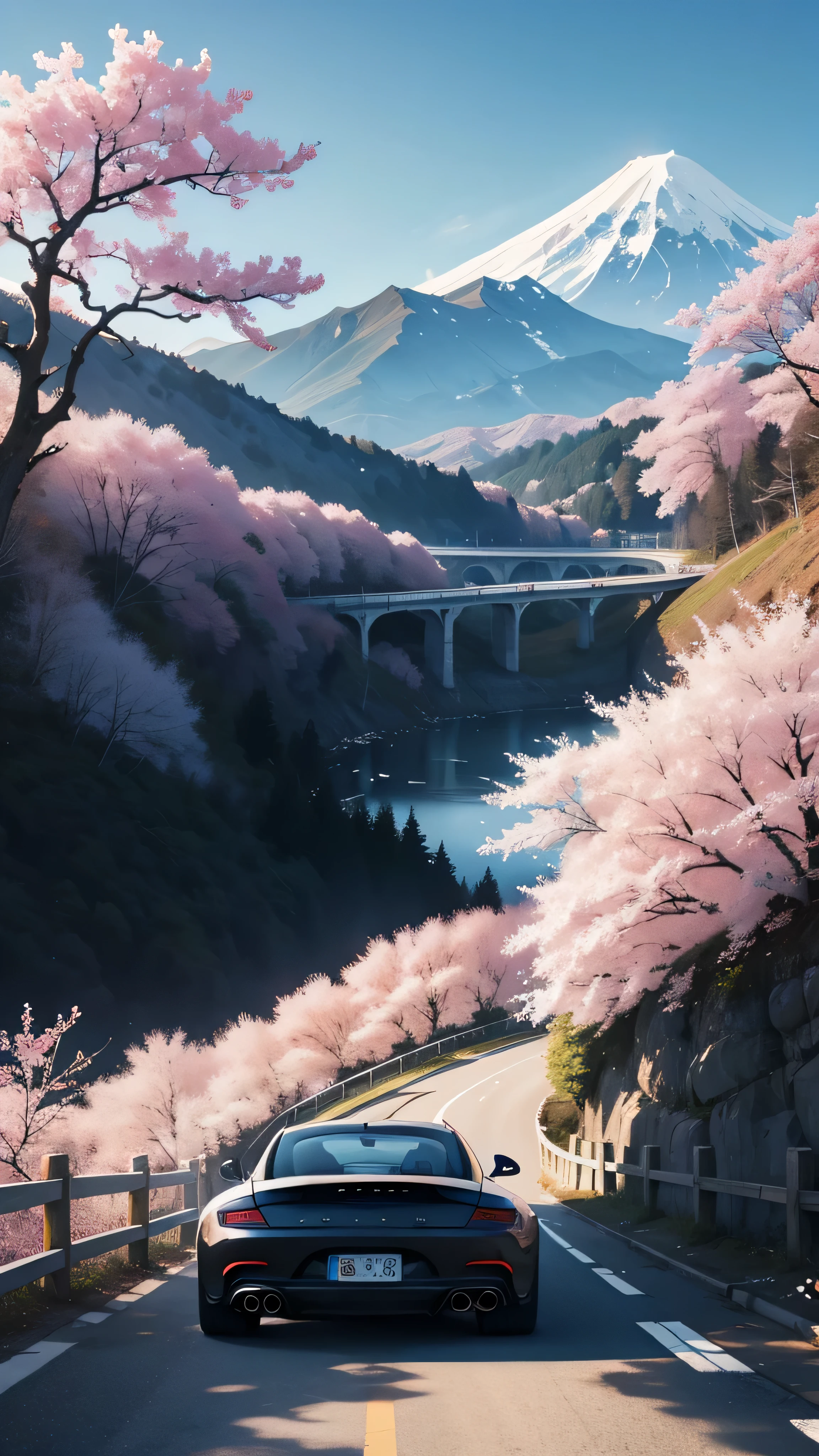 abstract digital art piece featuring a minimalist design that depicts a black porsche on a serene mountainside, cherry blossoms, japan, 2d, illustrative, epic