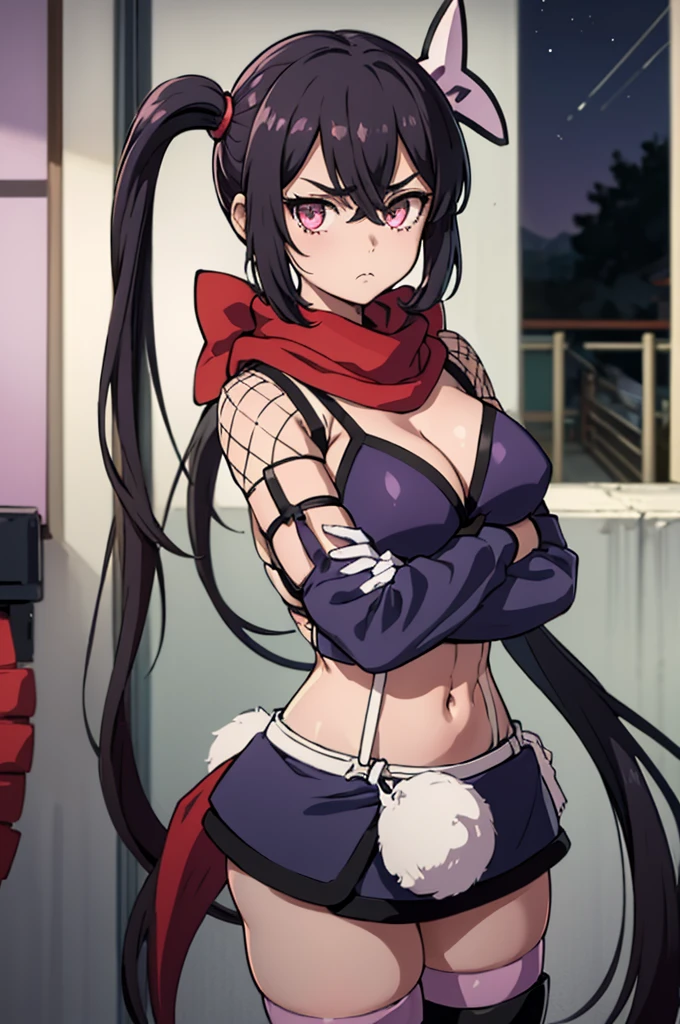 masterpiece, best quality, mgrpRipple, hair ornament, side ponytail, red scarf, bikini top, purple miniskirt, detached sleeves, suspenders, fishnets, gloves, thighhighs, standing, japanese architecture, night, looking at viewer, cowboy shot, emotionless, crossed arms, from side, large breasts