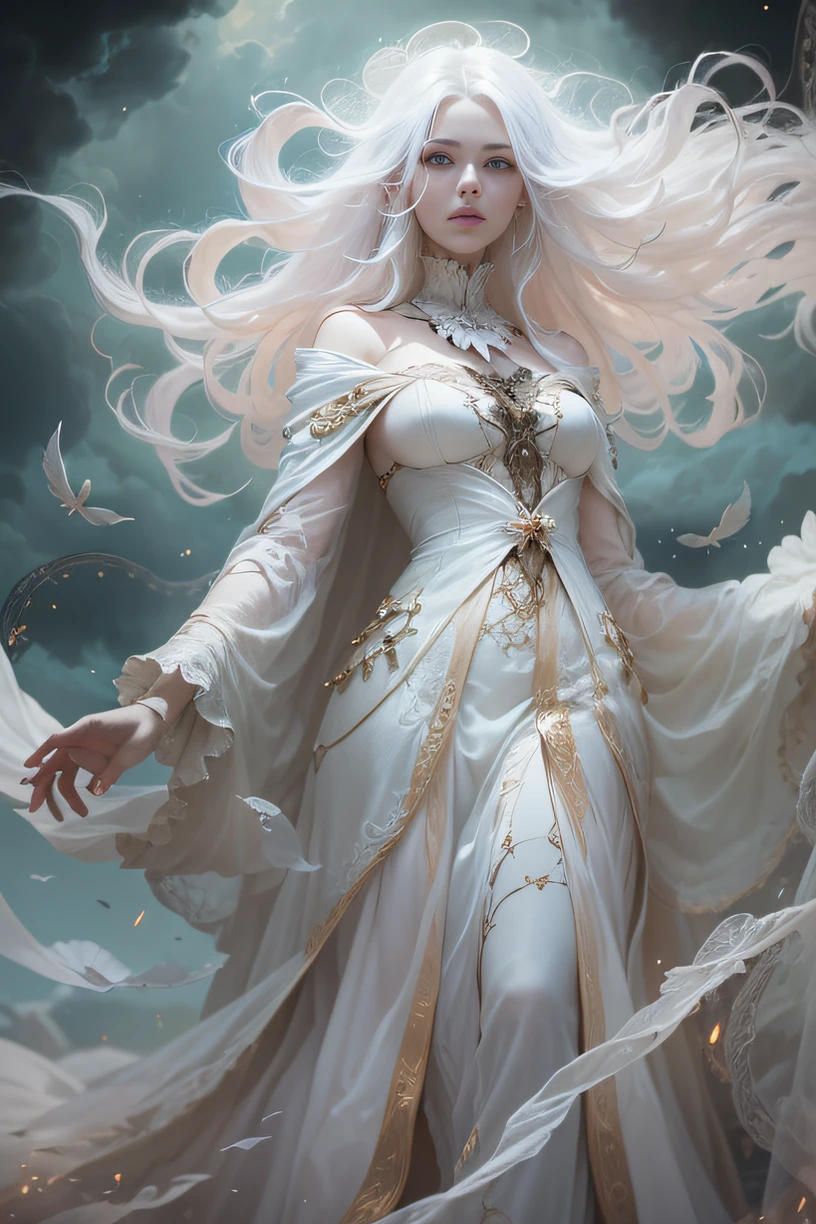 A beautiful albino witch in flowing gothic garments, Their presence should generate both fear and fascination..., and the sky above must be full of spectral apparitions . Emulates the captivating qualities of magic: The art of The Gathering to depict this spooky scene.