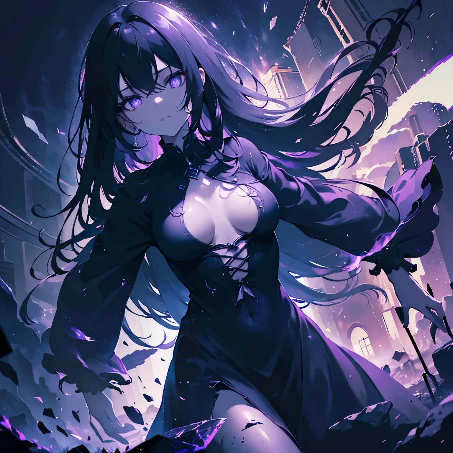 (Best quality,4K,8K,a high resolution,masterpiece:1.2), ultra detailed, realistic:1.37, long and black hair, glowing suspicious eyes, whole body in focus, Ruins in the background, Monochrome color scheme, in the dark, a girl with a dark purple glow and purple eyes looks straight into the camera, beautifully detailed face and facial features, wear dark clothes, surrounded by a mysterious atmosphere. close the fabric, open clothes