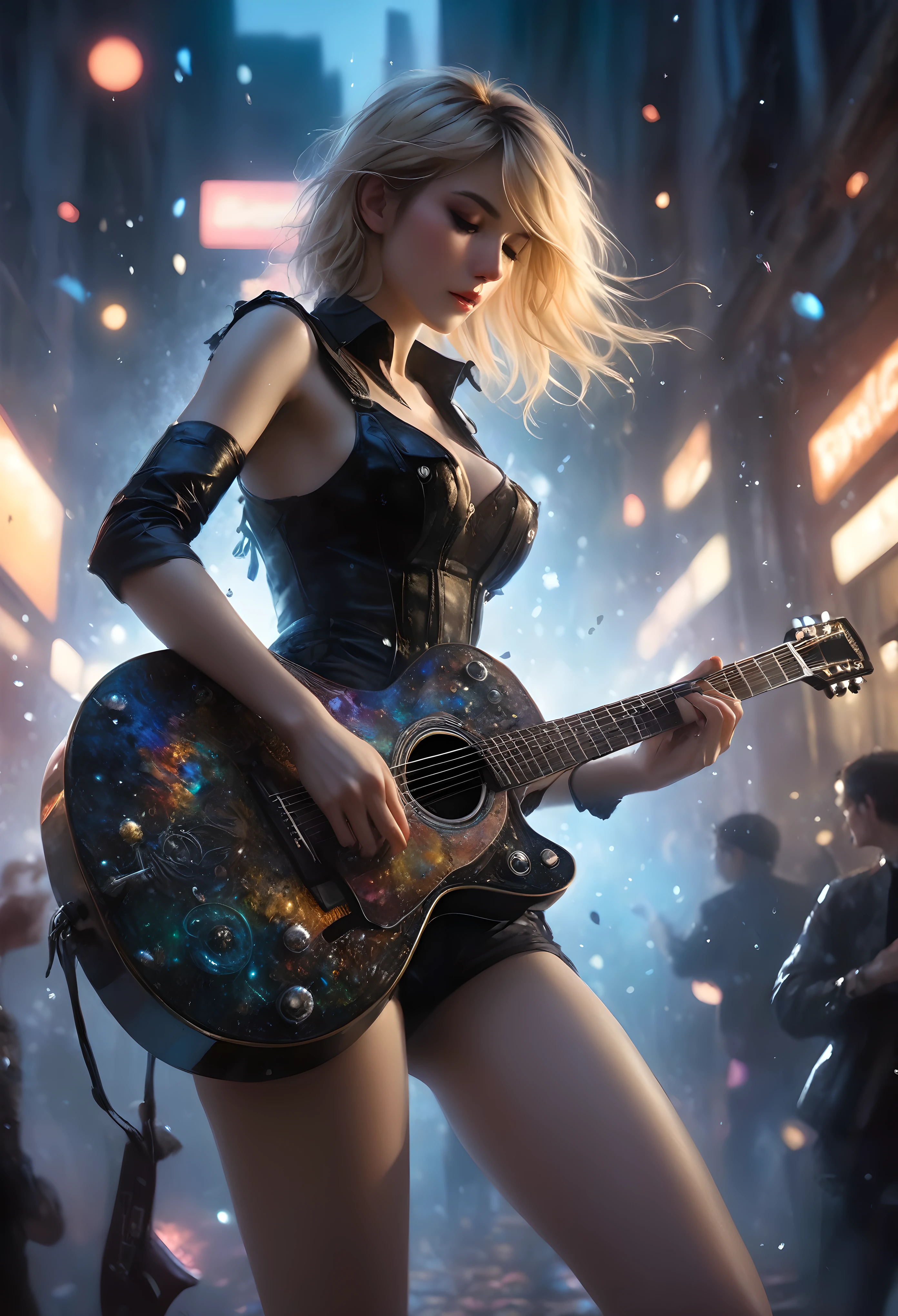 ((Masterpiece in maximum 16K resolution):1.6),((soft_color_photograpy:)1.5), ((Ultra-Detailed):1.4),((Movie-like still images and dynamic angles):1.3) | ((double contact):1.3), ((Beautiful Blonde Female Musician silhoutte effect):1.2), ((Superimposed on Pretty Female):1.1)《dark city sky》Agnes Cecile, Jeremy Mann, Oil and ink on canvas, fine dark art, super dramatic light, photoillustration, amazing depth, the ultra-detailed, iridescent black, superfluous dreams, intricately details, amazing depth, Amazing atmosphere, Mesmerizing whimsical vibrant landscapes, ((Female musician playing guitar):1.5), Maximalism ((beautiful outside, Ugly inside, pressure and pain, beauty and despair, hard and soft, positive and negative, hot and cold, Sweet and sour, Vibrant but boring, Perfect harmony, light and shadows, old and young, Black and white, Corresponding color, loud and quiet, Chaos and peace, life and death):1.2) The complex masterpiece of a real-time engineering leader. | Rendered in ultra-high definition with UHD and retina quality, this masterpiece ensures anatomical correctness and textured skin with super detail. With a focus on high quality and accuracy, this award-winning portrayal captures every nuance in stunning 16k resolution, immersing viewers in its lifelike depiction. | ((perfect_composition, perfect_design, perfect_layout, perfect_detail, ultra_detailed)), ((enhance_all, fix_everything)), More Detail, Enhance. | (((perfect_fingers))), (((perfect_legs))), (((perfect_hands))),
