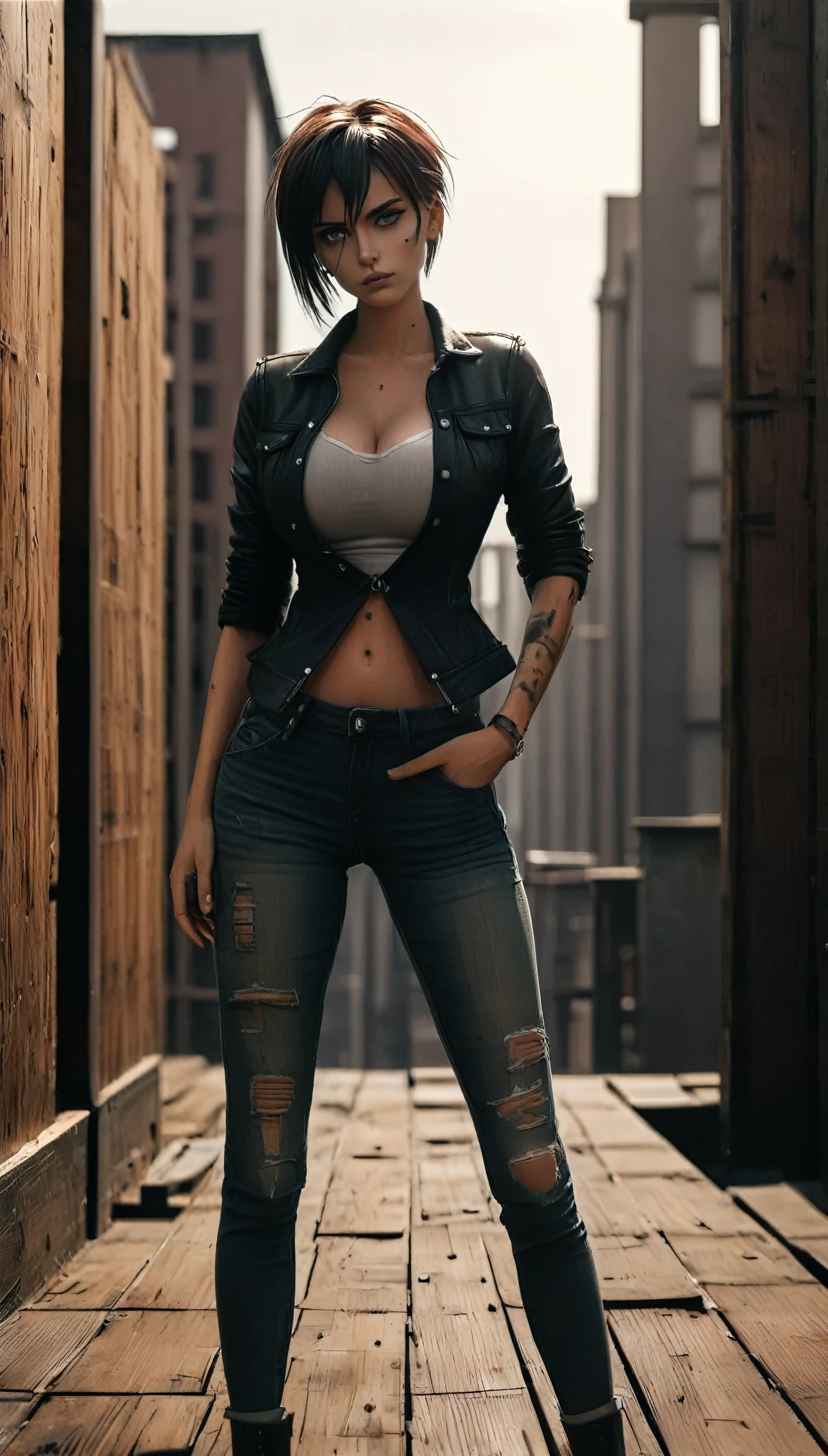 (edgy wooden model:1.3), (cinematic lighting:1.2), (close-up shot:1.3), (hand painted:1.3), (urban backdrop:1.2), (confident stance:1.3)