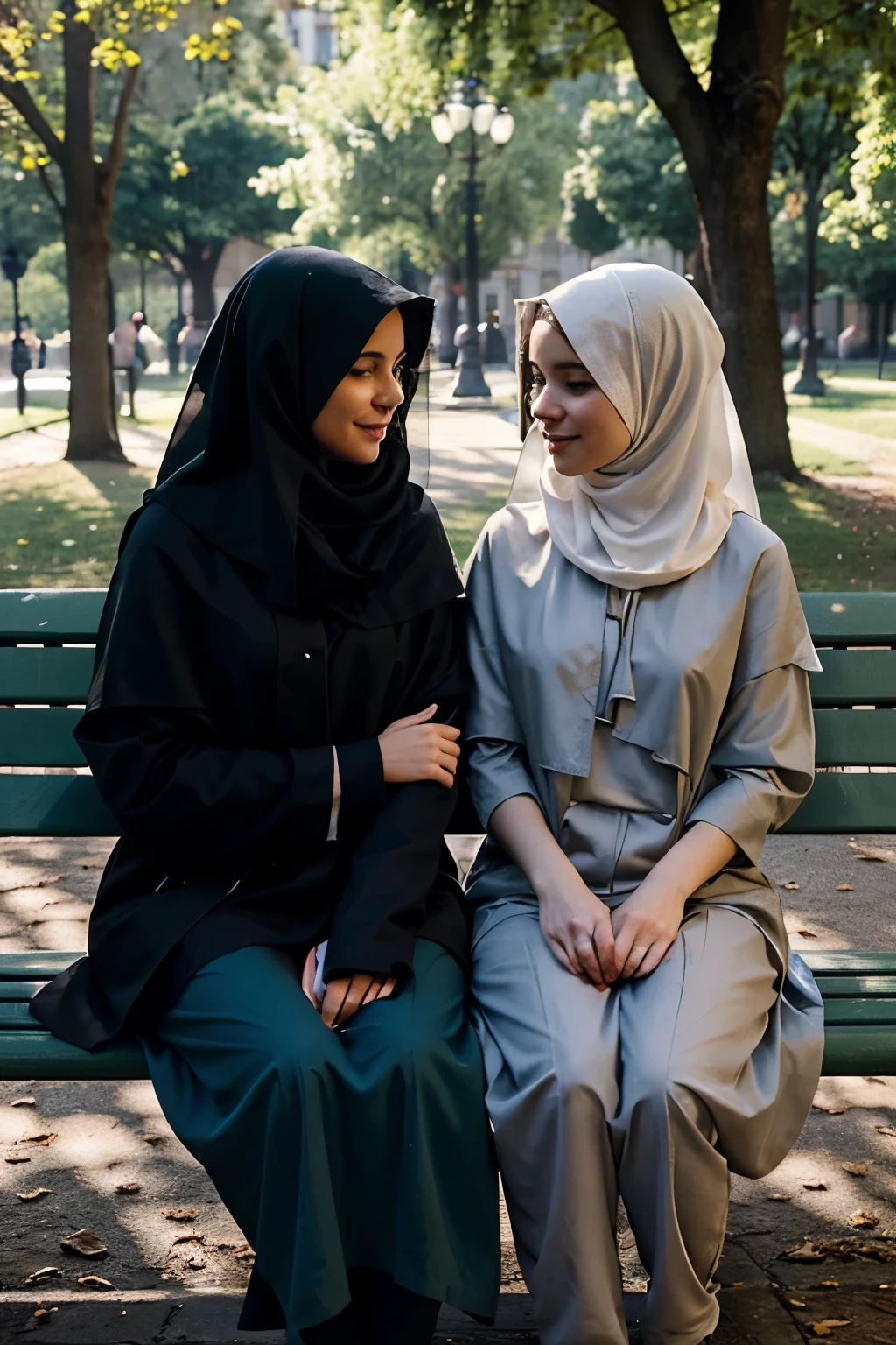 Create a story about a veiled woman meeting her veiled friend in a park. They sat on the park bench and started chatting for five minutes.