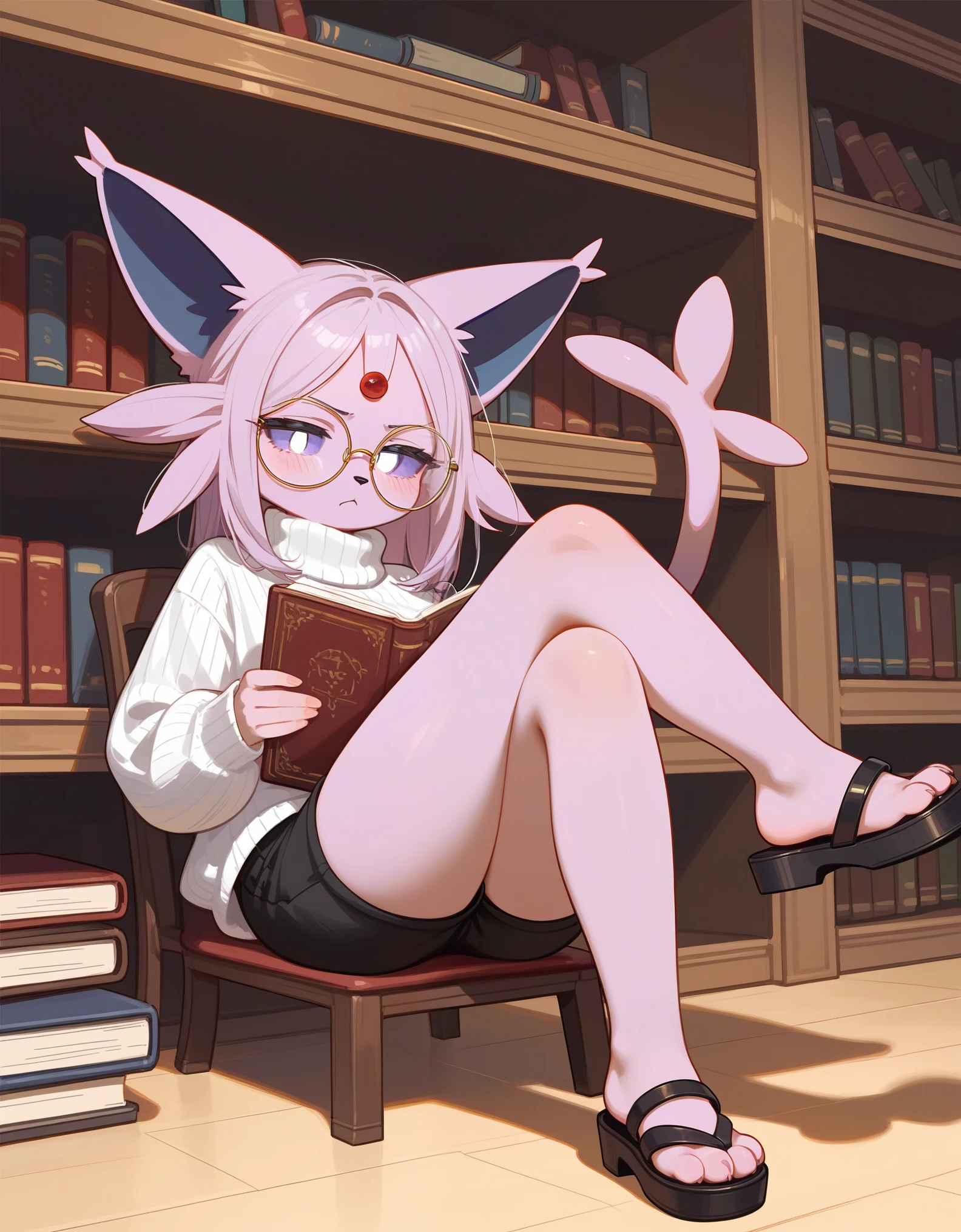 score_9,score_8_up,score_7_up, anthro furry female espeon Pokemon, purple sclera, white eyes, wearing white turtleneck sweater, black shorts, feet paws with four toes, black sandals, sandal hanging loosely off her foot, big round glasses, jitome, bored expression, serious expression, in a library, sitting on a chair, legs crossed, holding a book