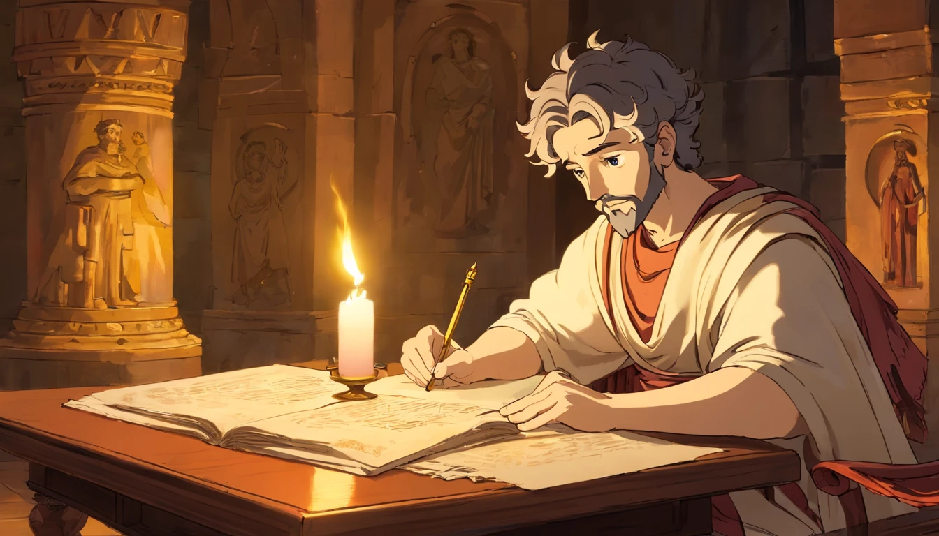 Description: Roman emperor Marcus Aurelius in a classical setting, sentado em uma mesa de madeira antiga, writing reflections on parchment by candlelight.