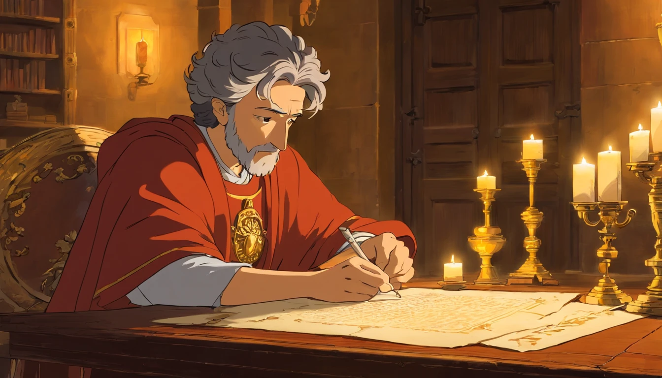 Description: Roman emperor Marcus Aurelius in a classical setting, sentado em uma mesa de madeira antiga, writing reflections on parchment by candlelight.